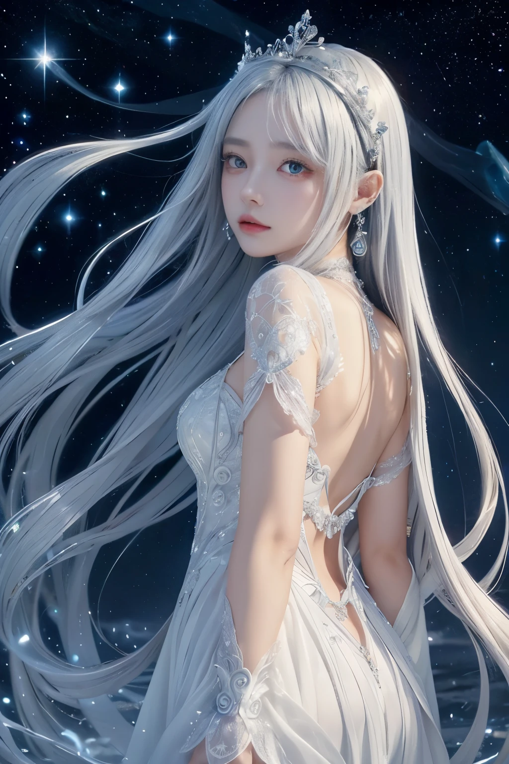 Woman in her 20s、cold and dark appearance、Cold eyes、Glowing silvery-white hair,Long platinum hair that reaches down to the back,Dark Fantasy,porcelain looking skin, (illuminating): 1.20、cool color,Soft shadows,dark color,Paint Effects,A fantastic atmosphere floating in the dark night sky,A small full moon dims in the distance、Olympus sky goddess statue,Reflectors,quiet blue atmosphere,ultra-detailliert、Official art、Zentangle、Float in the sky、cobalt eyes、The costume is made of dense white silk fabric that wraps the entire body.。.。.。.。.。.。.,Expressing precise shadows down to the finest details.。.、Against the background of a dark starry sky、white silk costume with intricate decoration。Parts of the limbs and back are exposed、Features finely woven decorative details。。、Wrapped in a complex and rich white coat that resembles a full-body costume fluttering in the wind.、Silver straight hair swaying in the wind、Realistic Woman、Intricate large wings with rich fur detail sprouting from the back,,Floating against the background of a dark starry sky、(Lighting Edge): 1.20、Long silver hair that covers the bangs and ears a little、Full body painting、The whole body is surrounded by soft light、Part of the back and limbs were exposed., Expressing a delicate red pattern with fine thread pleats.、Transparent white costume.,Goddess of Olympus,Fantasia,Kannon Bodhisattva bows his head and prays silently,maternal,three silver spears with an emerald in the center、Delicate and beautiful silver tiara..,nostalgic,european model style,Deep, Gentle face,The large, Intricately decorated crown with a large emerald in the center,Clothes fluttering in the wind,Pray with Your Hands Together,big eyes half closed,Clear cobalt blue eyes,Royal Queen,The large, surpass poseidon、elaborately decorated silver spear'stature.(Positive Focus, Original photo), (In the Dark:1.1), David Hockney and Alphonse Mucha, Fantasyart, in the actual photo, she is wearing luxurious fur、Moving lighting、art stations、bustshot