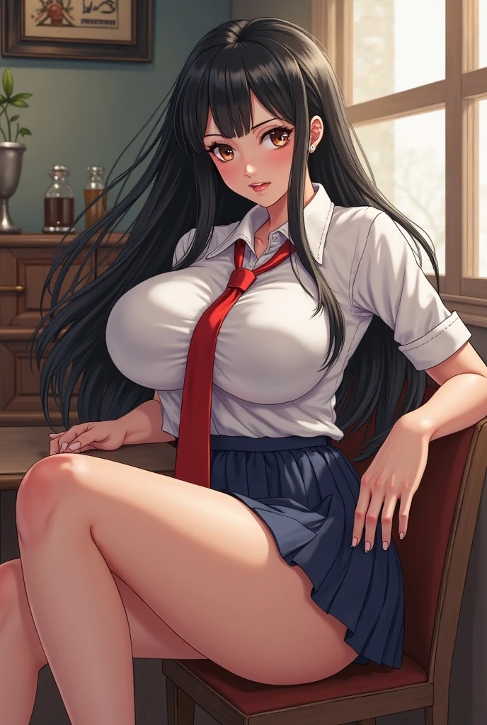 masterpiece, best quality, <lora:moelily-nvwls-v1-000009:0.8> moeLily, green eyes, low ponytail, white collared shirt, red bowtie, plaid skirt, pantyhose (huge breasts:0.8), smile, sitting, table, chair, tea, looking at viewer