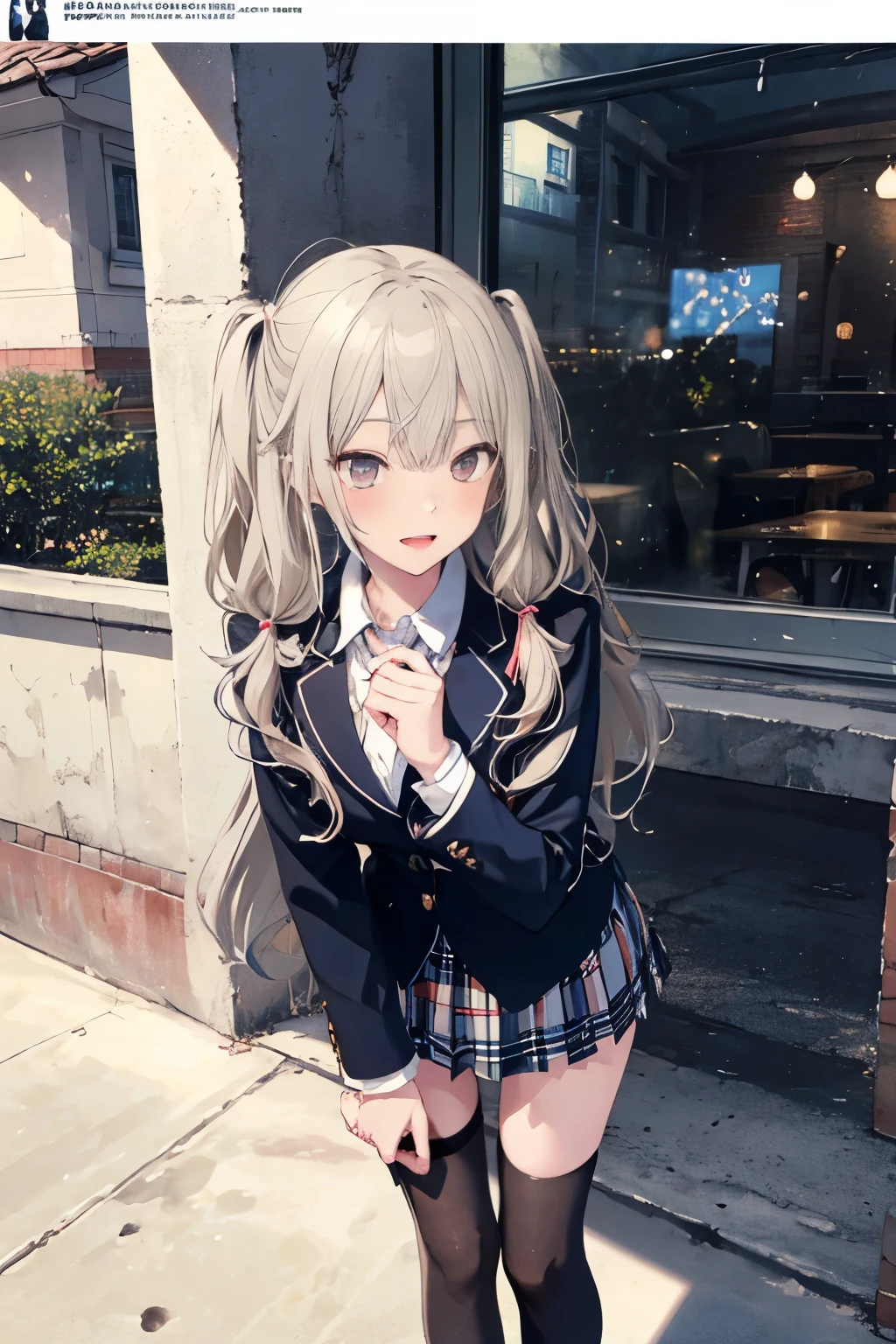 (from below:1.6, best quality ),1girl, solo, perfect, best quality, masterpiece, beautiful, pretty, (((masterpiece, HD, best quality, extremely detailed, high resolution, highres, Ultra-detailed, ultra-high quality, superb masterpiece, 8K image quality, correct anatomy))),alice (alice in wonderland), blonde hair, blue eyes, beautiful, A stunning -yeld wilong hair, 1girl, solo, super fine illustration, an extremely delicate and beautiful, best quality, masterpiece, 8K, extremely cute, long pink twintails, rose red eyes, blushing heavily, avoiding eye contact, tsundere expression, embarrassed face, perfect proportions, anatomically correct, detailed beautiful face, winter school uniform, navy blazer, plaid skirt, thigh-high socks, reluctantly holding qute present gift, one hand extended, morning school route, winter trees, frost, morning sunlight, school gate background, steam breath, dramatic angle, official art style, perfect composition, depth of field, morning glow, emotional lighting,,sharp focus, perfect hands, perfect face, perfect eyes, perfect light, dynamic light, natural light,((4k,8k,Ultra HD)),((Masterpiece :1.2)),((Best quality :1.2)),((Detailed :1.5)),((Detailed background :1.5)),sharp lines, vivid colors, high contrast, open mouth, (high school magazine cover:1.3),(with sparkling eyes and a contagious smile),her thin pubic hair:1.6, looking at viewer