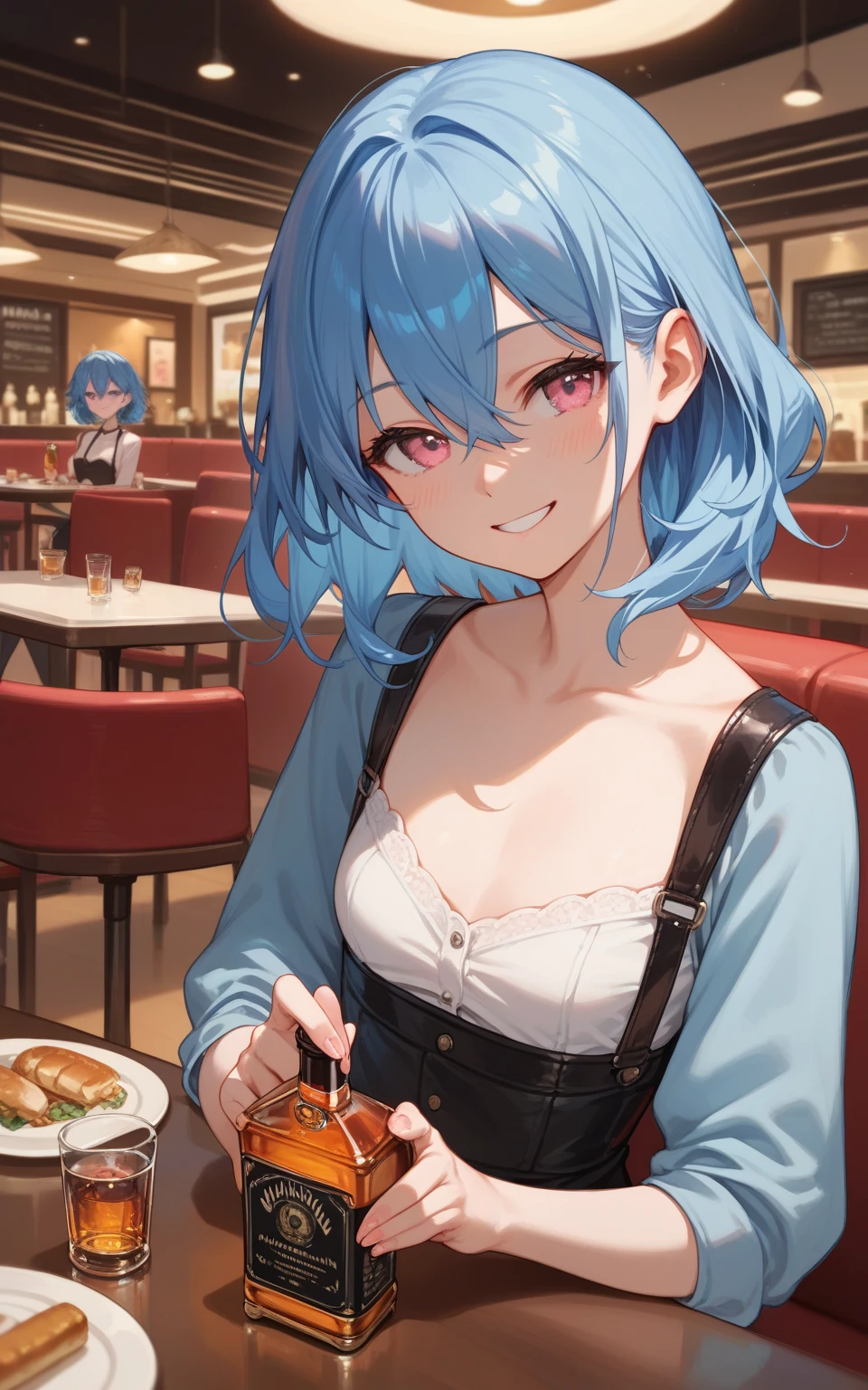 (masterpiece:1.3), (best quality:1.3), high resolution,
upper body,
sitting, eating, body facing forward,
(one cute girl:1.3), solo,
white skin, small Breast, eight-headed person,
light blue hair, (bobbed hair:1.2), short hair, (blunt bangs:1.2), beautiful hair, blue eyes, beautiful detailed eyes,
open mouth, happy, heart, cheerful smile, one eye closed,
sleeveless dress, hamburger, earrings,
outdoors, sidewalk cafe,
shadowlighting,