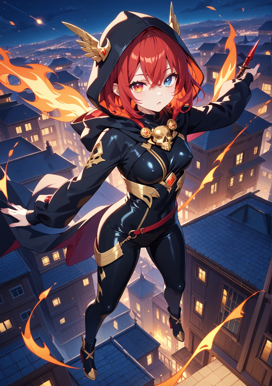 (((masterpiece))), (((best quality))), illustration, single character, game character, rpg character, female character, female necromancer. tall torso. athletic girl. skimpy. dark-blue dress with golden details and lines, long open dress. exposed legs. leather bracers. huge open cleavage, big gem necklace. tiny breasts. small titties. wide hips. perky butt. up turned hips. wavy short hair. flowing orange hair, olive eyes, sexy face expression. laughing smile. open hooded black cloak. orange hair. action pose. cosmic background, flat color background, anime character, 8k, awesome quality
