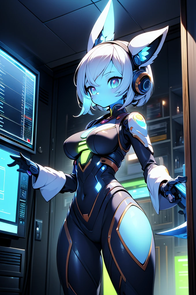 A modern way to describe the image of future robots, minimalist aesthetic. This robot is apparently based on artificial intelligence, Features clean lines and shiny metallic finish. It has a dome-shaped head with a bright sensor,Demonstrate its advanced processing capabilities. The robot body is slim、Streamlined, The body lines are very smooth,Has a medium chest,Willow waist,Pretty ass,Have flexible joints,,The robot is located in a futuristic environment with neon lights,Added cyberpunk style. Its presence exudes innovation and sophistication.",Pure white body,blueglow,Pure white body