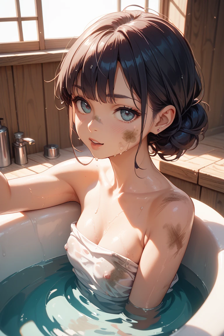 (((Shoulder Deep Soaking in Your Home Unit Bath:1.7))),(((flannel:1,7))),(((Hide your chest with a towel:1.7))),(((night lighting:1.3))),chest slip,blush cheeks、smile shyly,BBW,(beautiful girl)、(Short hair in bright silver and orange inner colors,Floral hair ornament,Floral Braided Top Knot,Ponytail with Twisted Side Part,floral braided tiara,Half-up、Floral Braided Space Van,Voluminous fishtail braids,Twisted bread,),(Fringes are transparent fringes),(((emphasizing the breasts:1.3))),(dynamic angles),(Dynamic and sensual poses),(leaning forward:1.3),(((Worthy statue))),(((clip,a necklace,piercings))),Colossal ,Blush with shame,Entranced eyes,A smile that enchants the viewer,skin shining with sweat,gazing at viewer,bare upper body,48 years old ,bare upper body,Disruption of clothing due to movement,pointy red mouth,perfect round face,,Proper body proportion,details Intricate,Very delicate and beautiful hair,Realistic Photos,Dreamers,professional lighting,realistic shadow,focus only,beautiful hands,nice fingers,Detailed Finger Features,detailed characteristics of clothes,Detailed Hair Features,detailed facial features,(tabletop,maximum quality,Ultra-high resolution output image,) ,(8k quality,),(sea art mode 2.1),(Ultra HD picture mode,)