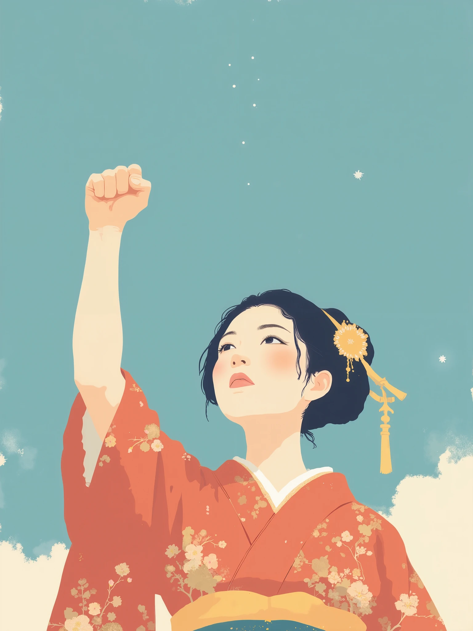 upper body, half body photo, A geisha with her fist raised high in the air and staring up at the sky, her expression brave and confident, i11ustmin ,illustration of ,i11ustmin Illustration, minimalistportrait, By Taiyo Matsumoto, blue sky, red kimono.