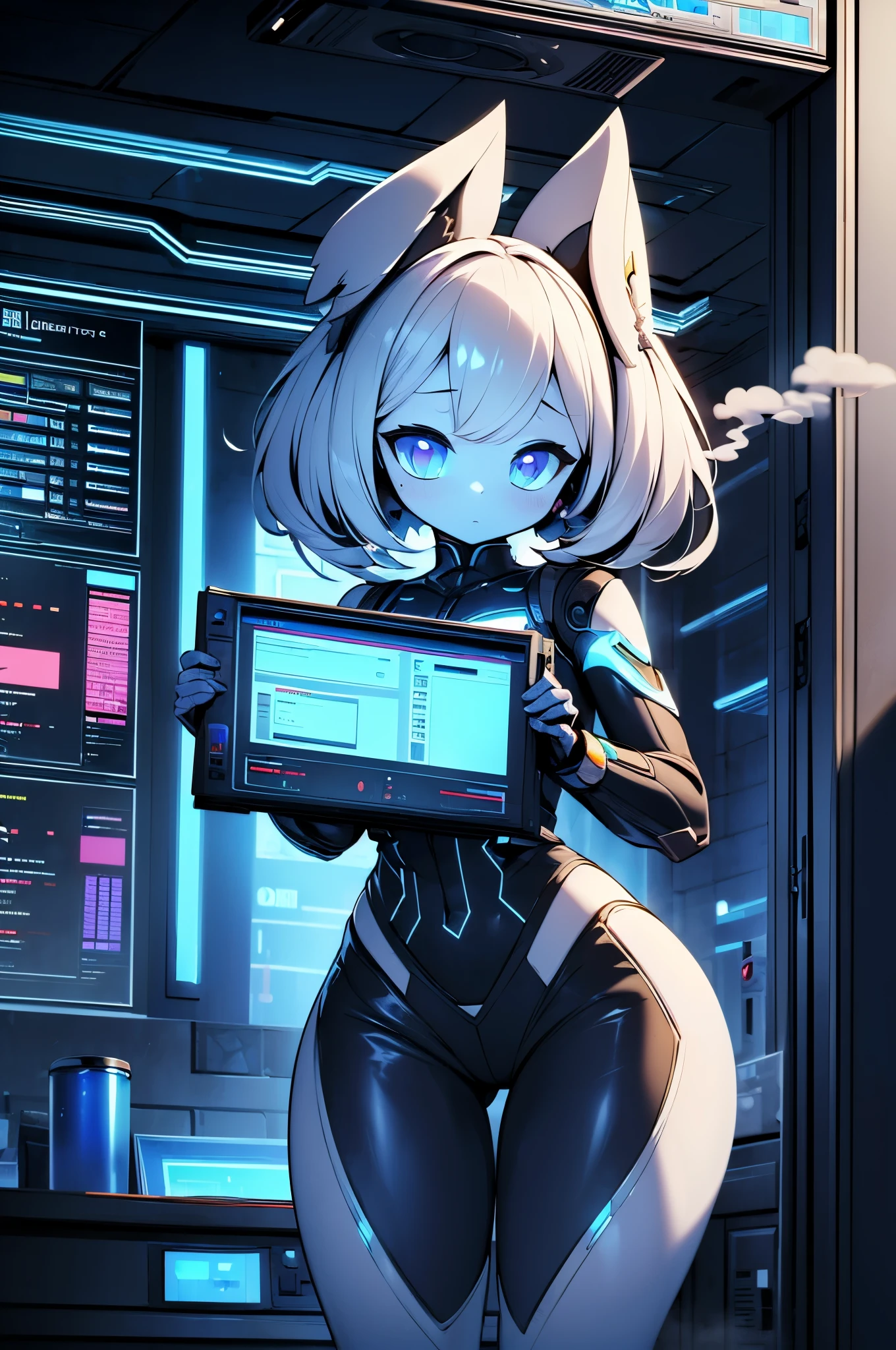 ( masterpiece:1.5, best quality:1.5), (( Steam wave style , Partial Coloring)), close up, From above, movie angle,
1 Girl, alone,), floating data panel,white_hair,Mechanical cat lady,Cat_ears,floating_Data_panels,slim_waist,Wide_hips,thick_thighs,curvy_figure,cute,female,Sci-fi style,腰部以上close up,floating data panel,blue data panel,Virtual panel,Sci-fi style