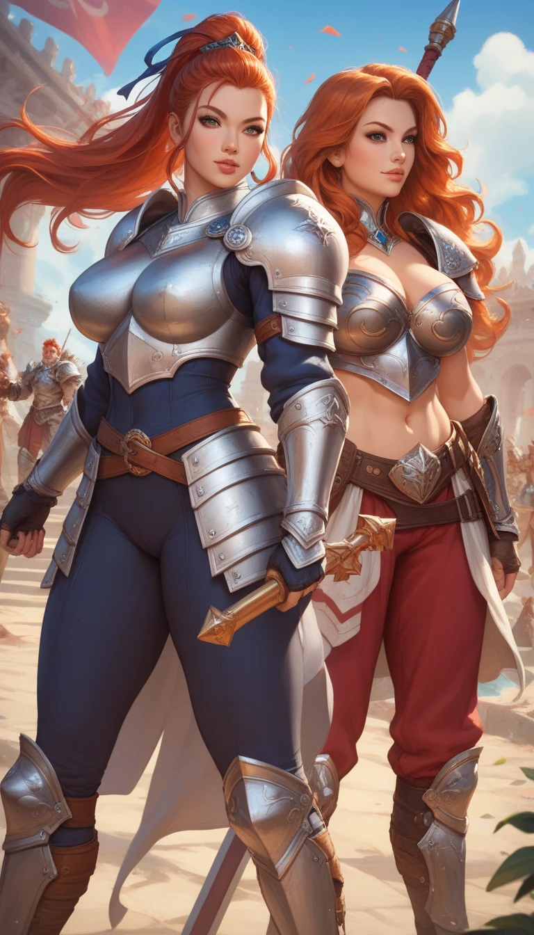 2 woman Muscular Muscle Abs Sweaty Knight Armor Plate Armor Thigh-high boots Cape sword slingshot bikini armpit hair sword smile Big Tits Big nipples