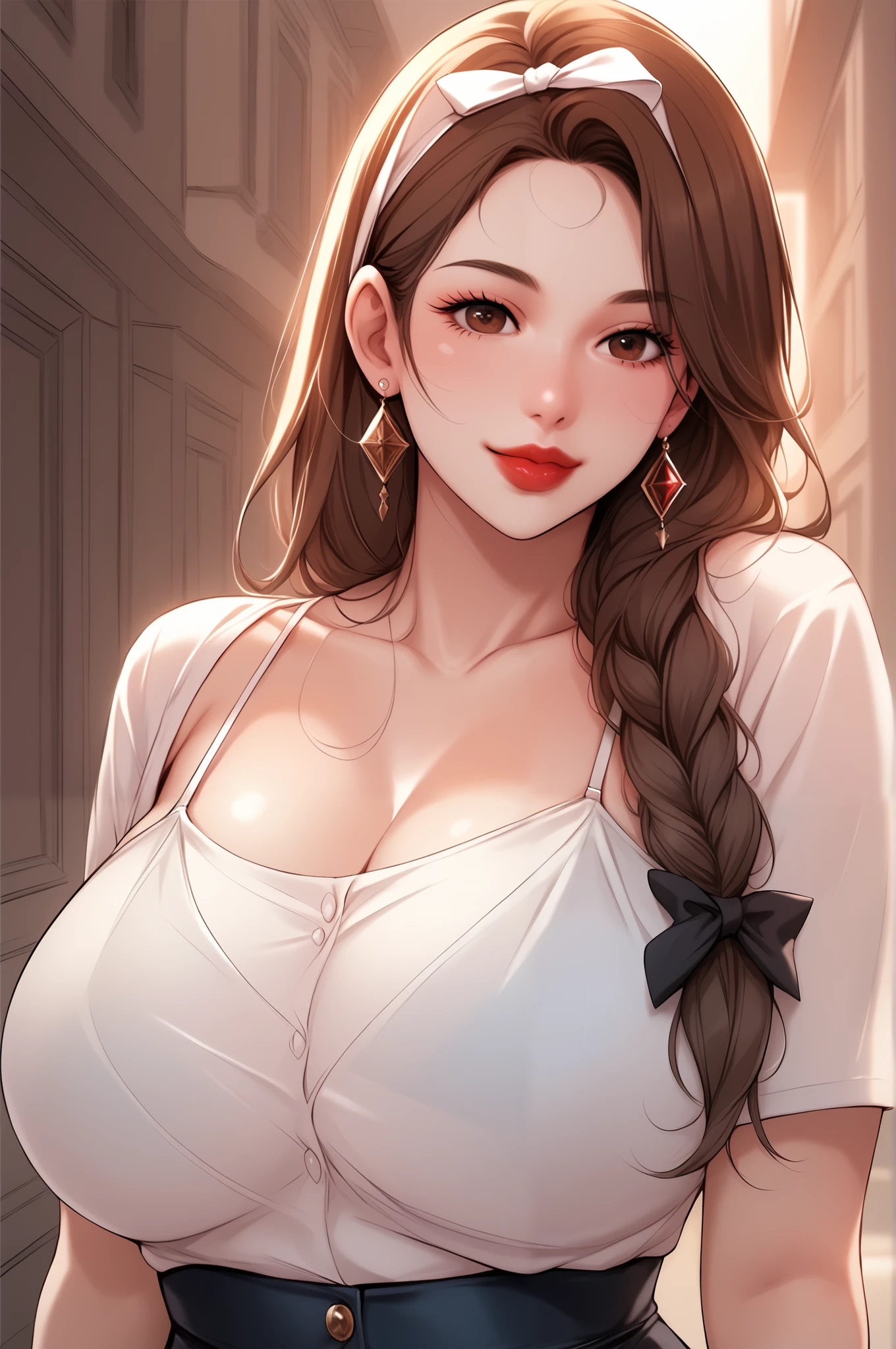 Jumi Noona from New Town. An extremely beautiful woman with blond hair, extremely fair white skin, big brown eyes, red plump glossy lips, and a perfect slim yet curvy sexy tempting body. She's only wearing a micro short floral dress with spaghetti straps, hair ribbon, and white heels. She's smiling, mouth closed, and standing straight. Show her full body.