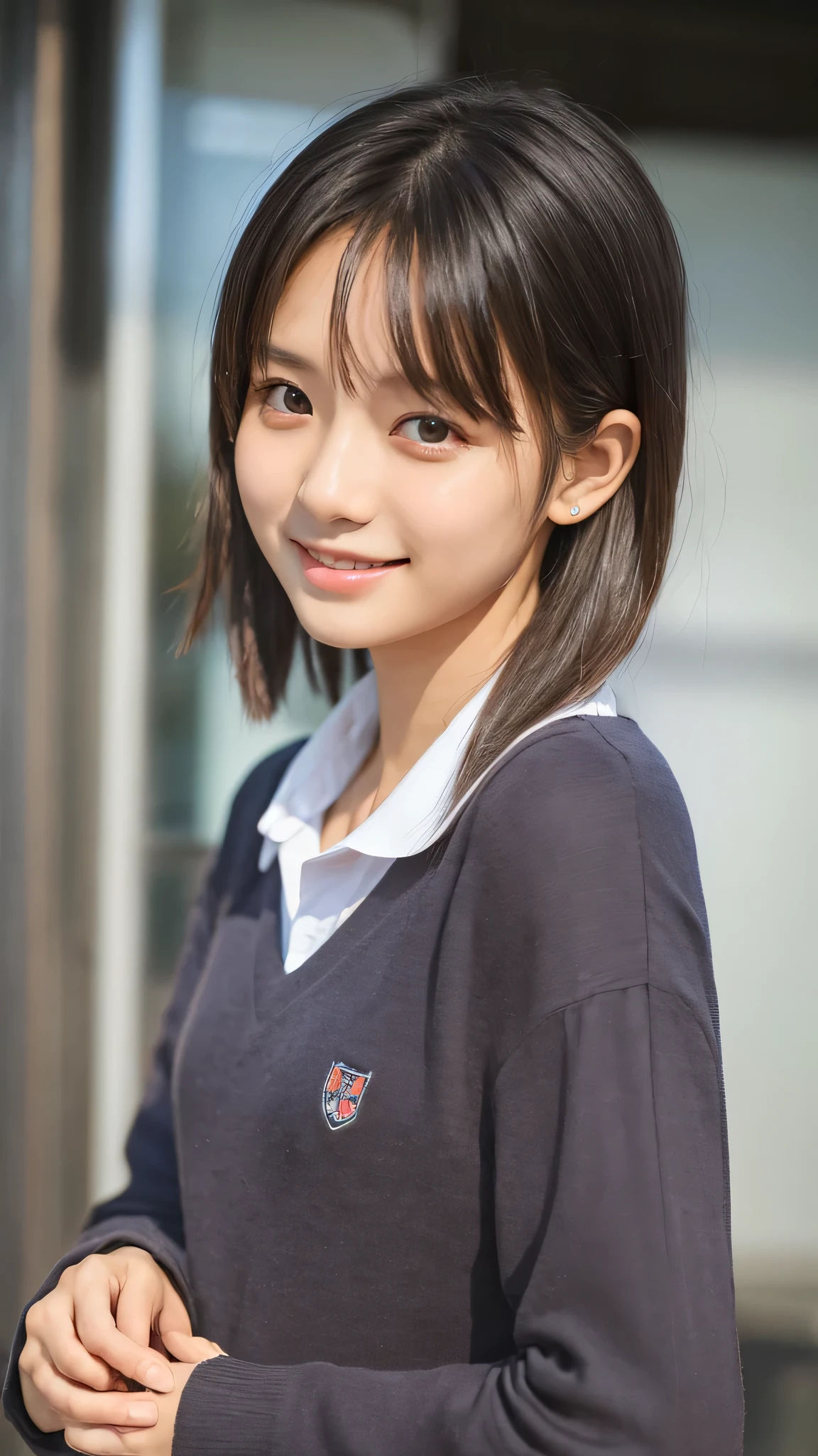 ((top quality))、((masterpiece))、((ultra high resolution with oil))、(( 8K real portrait))、Korean idol style face、Japanese with natural makeup、Nogizaka46、smile、Baby Face、clear、breathtakingly beautiful 18 year old girl。Mr.々 hairstyle、Photo credit:Canon, Lineup, Four Seas Girls, from the side, viewers, , school uniform, Chest,