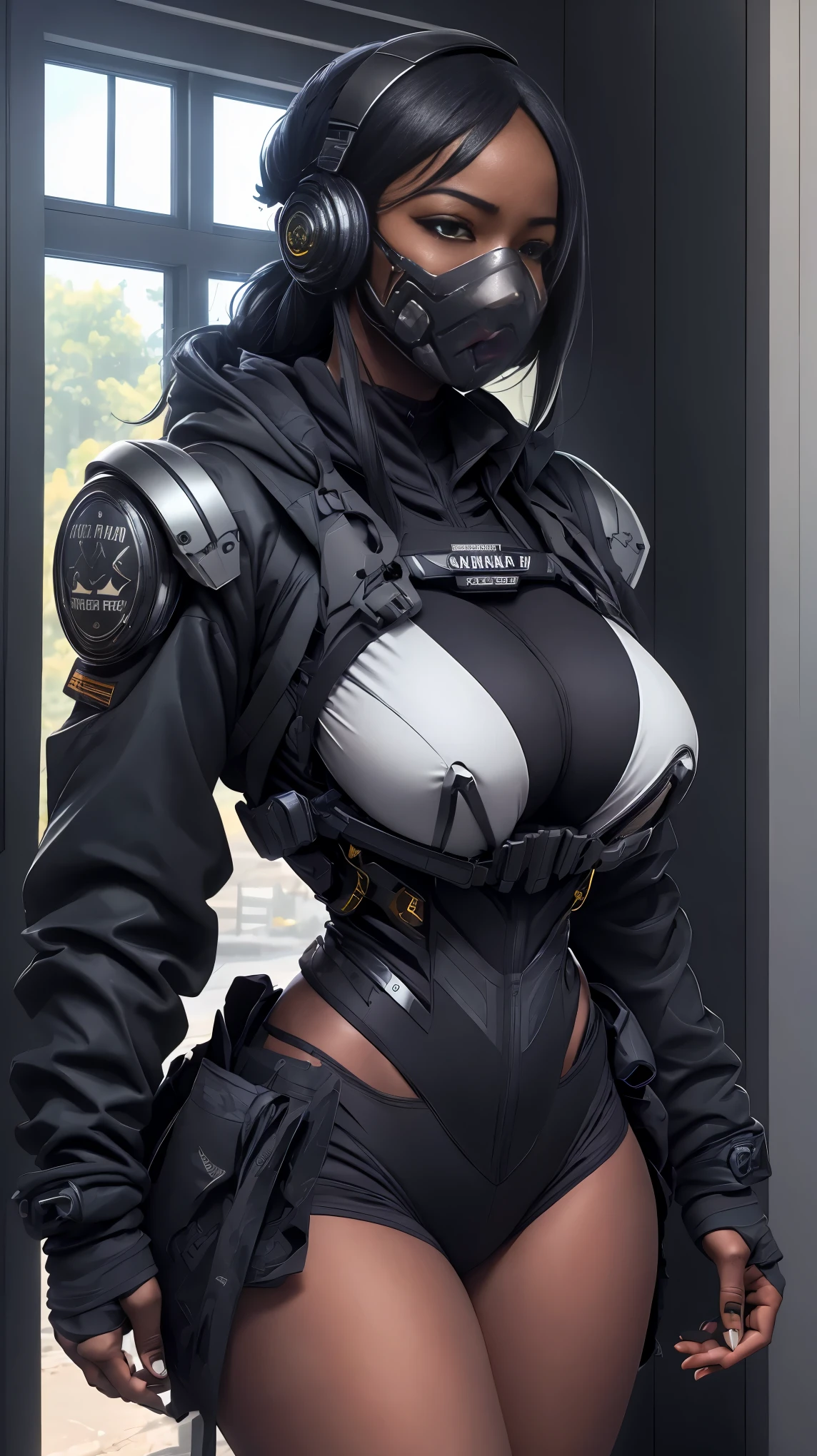 A Cyborg black skin big breasts athletic body thick thighs robotic arms robotic legs robotic armor carbon fiber wings military helmet powered reality glasses headset metal mask hiding the face tactical vest