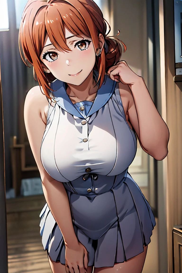 (high quality, High resolution, Fine details, Realistic), BREAK A hotel room with beautiful neon lights, Midnight, Break Solo, Curvy Women, Japanese Sailor Suit, Abdominal area only, skirt, Panty shot, Are standing, Braided hair, Sparkling eyes, (Fine grain), smile, blush, Large Breasts, Sweat, Oily skin, Shallow depth of field