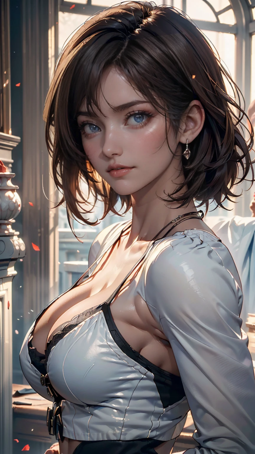 ((Best quality, 8k, Masterpiece: 1.3)), Sharp focus: 1.2, A beautiful woman with perfect body: 1.4, Slim abdomen: 1.2, ((Layered haircut, Large breasts: 1.2)), (no bra) (Small and beautiful hard nipple) (Thin and damp button up to shirt length: 1.1), (White shirt wet by rain), (Rain, Street: 1.2), Wet body: 1.1, Highly detailed face and skin texture, Detailed eyes, Double eyelid, tanned skin, sexy, tan, dark skin, tanned body, exposed shoulders, cleavage