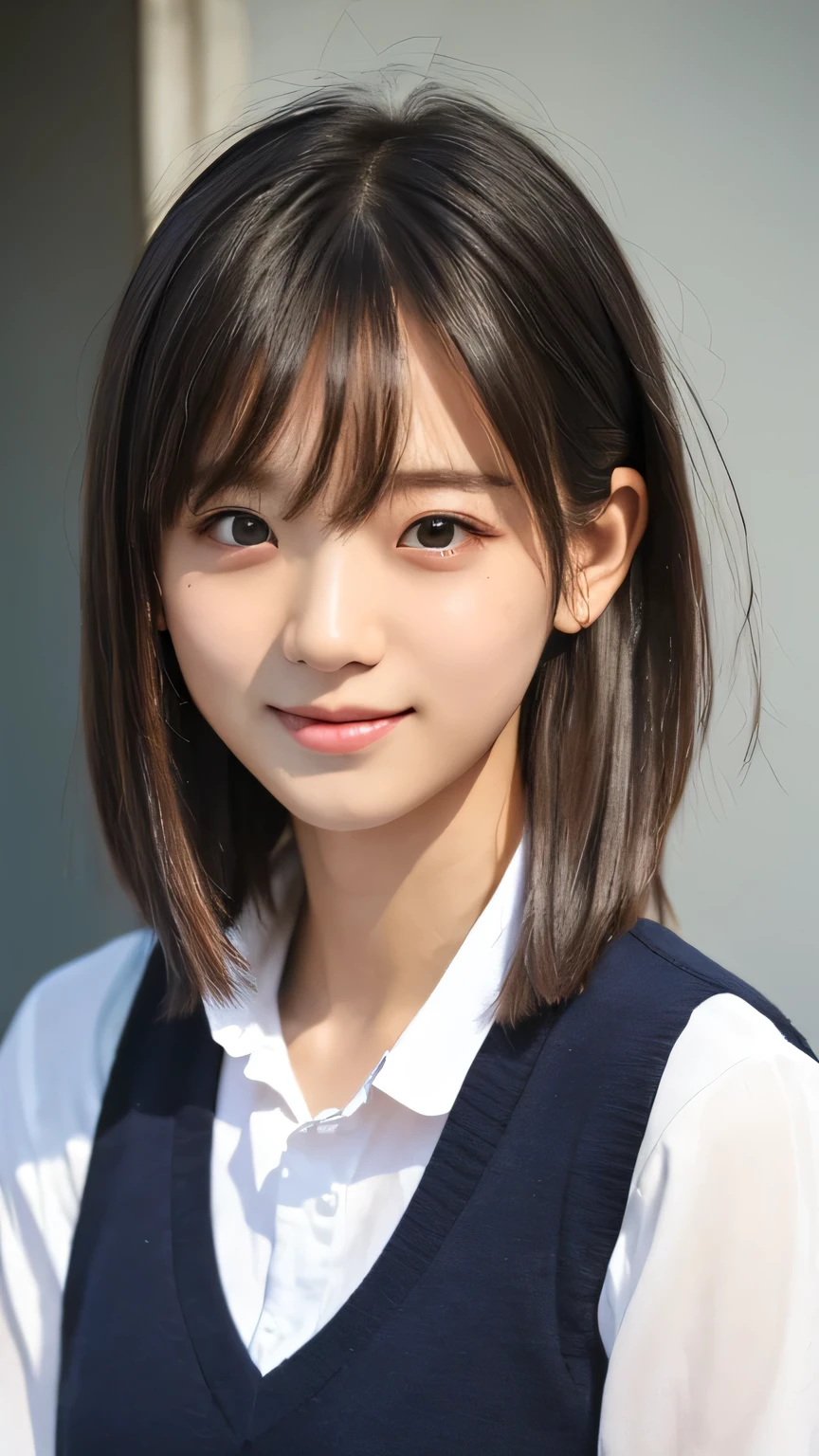 ((Highest quality))、((masterpiece))、((super high resolution))、(( 8K real portrait))、Korean idol style face、Japanese with natural makeup、Nogizaka46、smile、Baby Face、clear、breathtakingly beautiful 18 year old girl。Mr.々 hairstyle、Photo credit:Canon, Lineup, Four Seas Girls, from the side, watch viewers, , school uniform, Chest,
