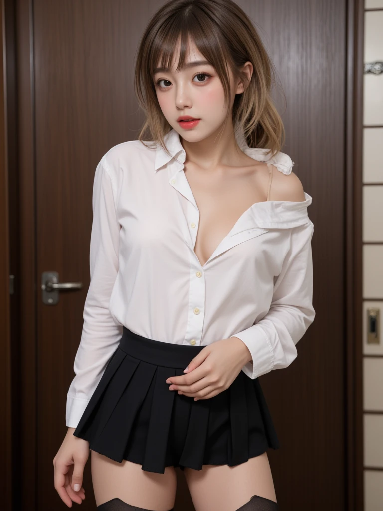 (masterpiece, best quality, high quality, realistic), (1girl, solo, standing, straight-on, head to thigh, embarrassed, blush), (double bun, blonde hair), (nsfw), (school uniform, open shirt, , nipplesmless, pussy)