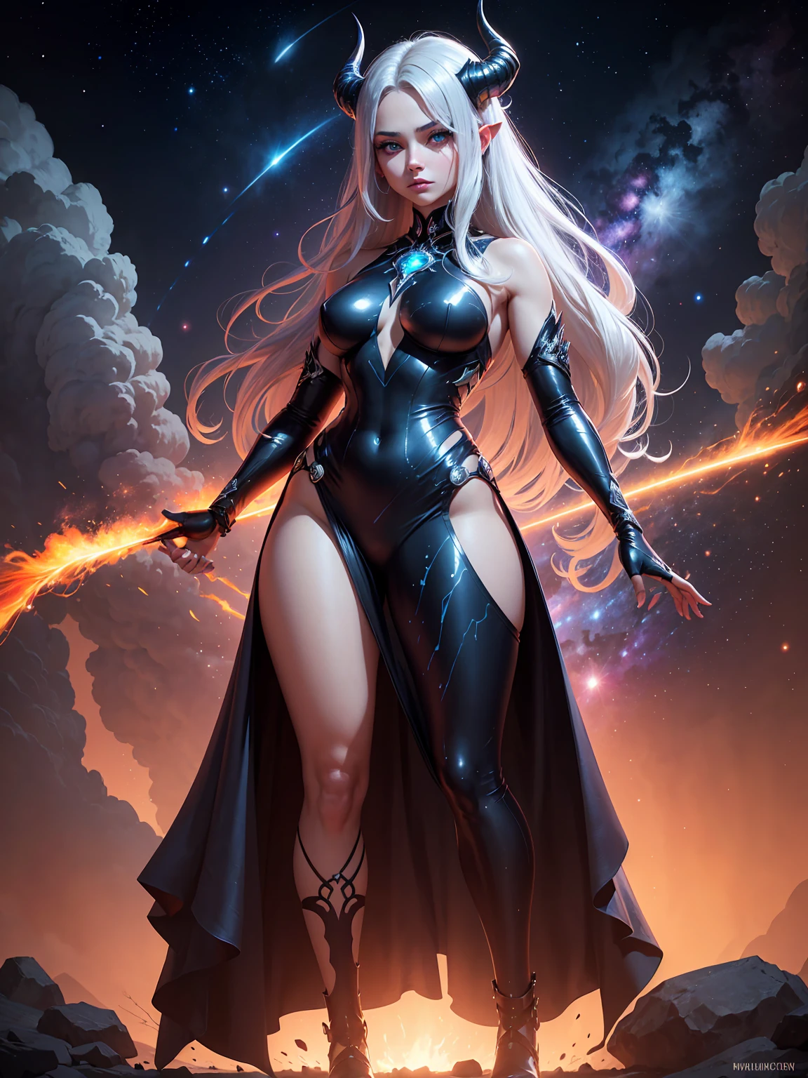 close up of a  nude  woman in a black dress and cape standing in front of a planet,  huge boods, nude breasts,  enormous breasts , beautiful celestial mage, cyborg goddess in cosmos, artgerm julie bell beeple, goddess of space and time, female earth mage, cosmic goddess, artgerm jsc, celestial goddess, fantasy paladin woman, goddess of galaxies, galactic sized goddess, fantasy card game art