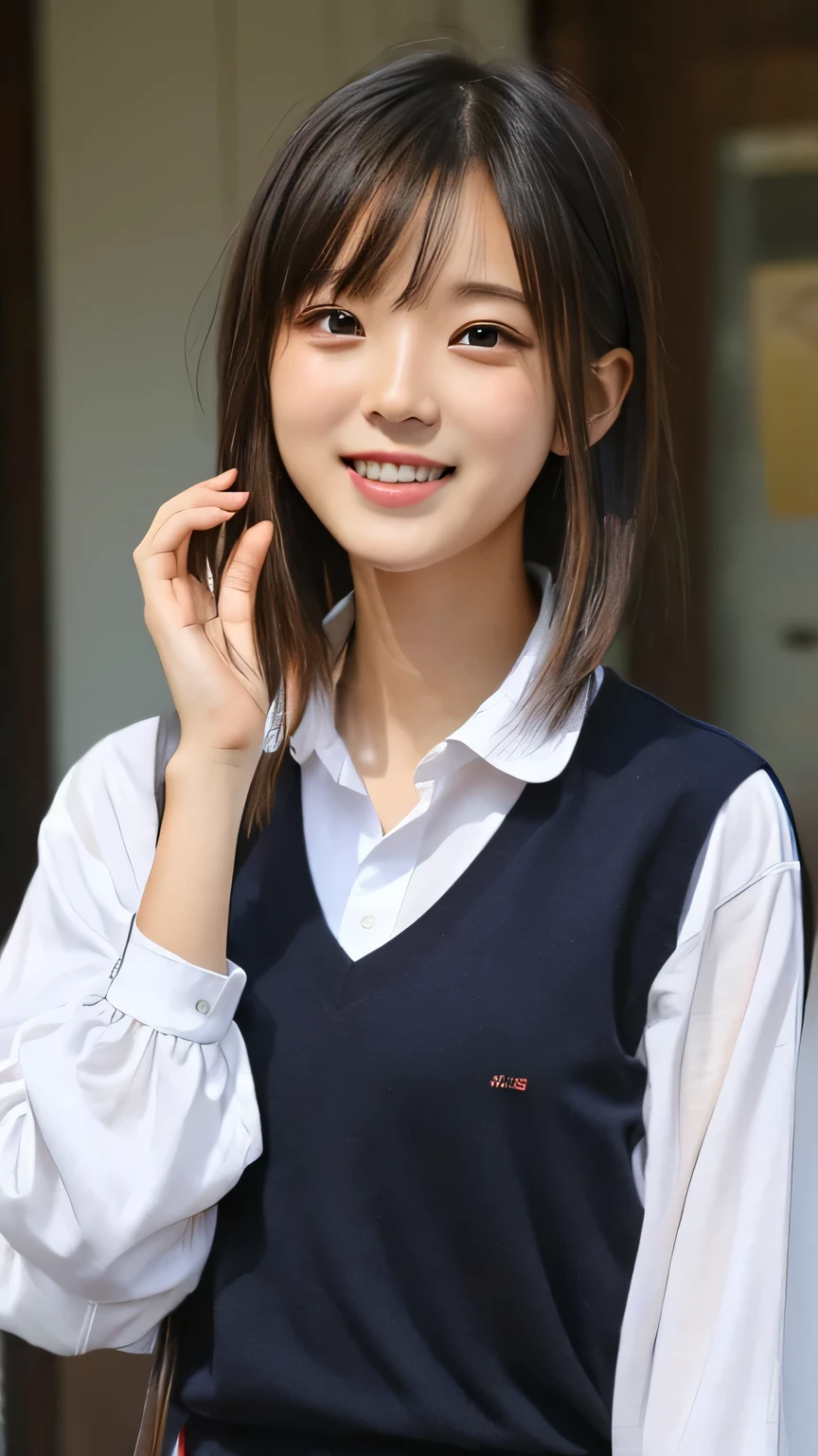 ((Highest quality))、((masterpiece))、((Face to waist))、((super high resolution))、(( 8K real portrait))、Korean idol style face、Japanese with natural makeup、Nogizaka46、smile、、clear、breathtakingly beautiful 18 year old girl。Mr.々 hairstyle、Photo credit:Canon, Lineup, Four Seas Girls, from the side, watch viewers, , school uniform, Chest,