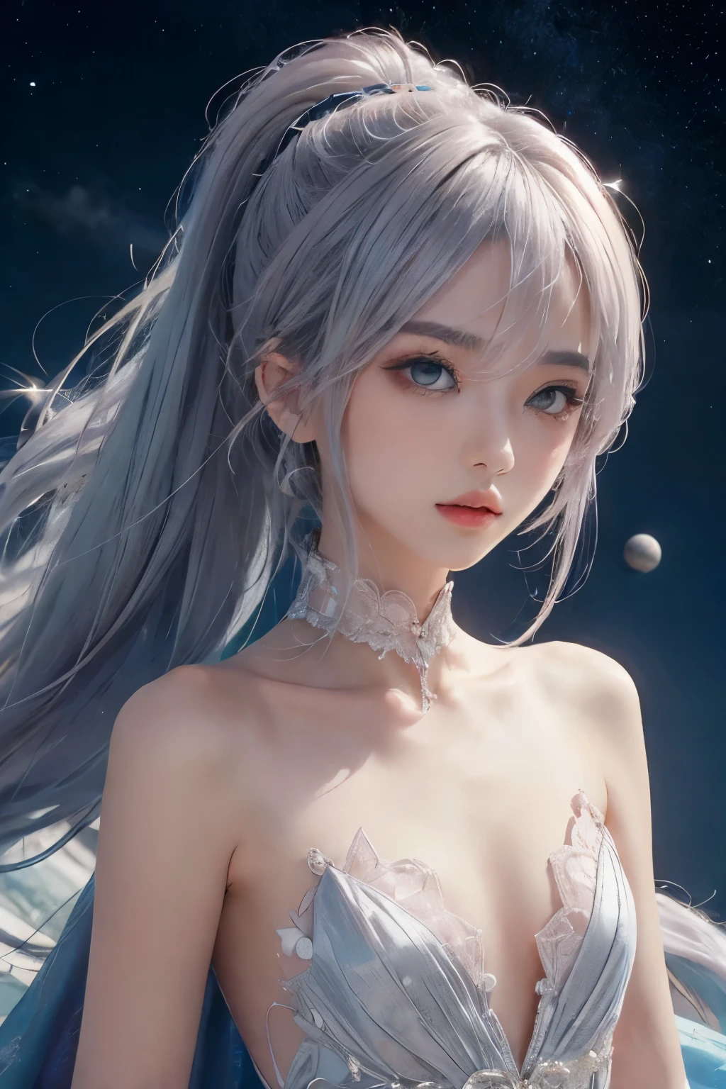 longeyelashes, small Eyes,Ponytail, pink Silver hair, gray colored contact lenses, surrealism, anaglyph, stereograms, POV, Atmospheric perspective, 16K, Super Detail, ccurate, Best Quality,The shoulders have exposed skin,Very thin,Very small bust, Very thin waist,Other Dimensional Planet,A strong-willed beautiful girl,Semi-nude,The most beautiful face,A beautiful girl,