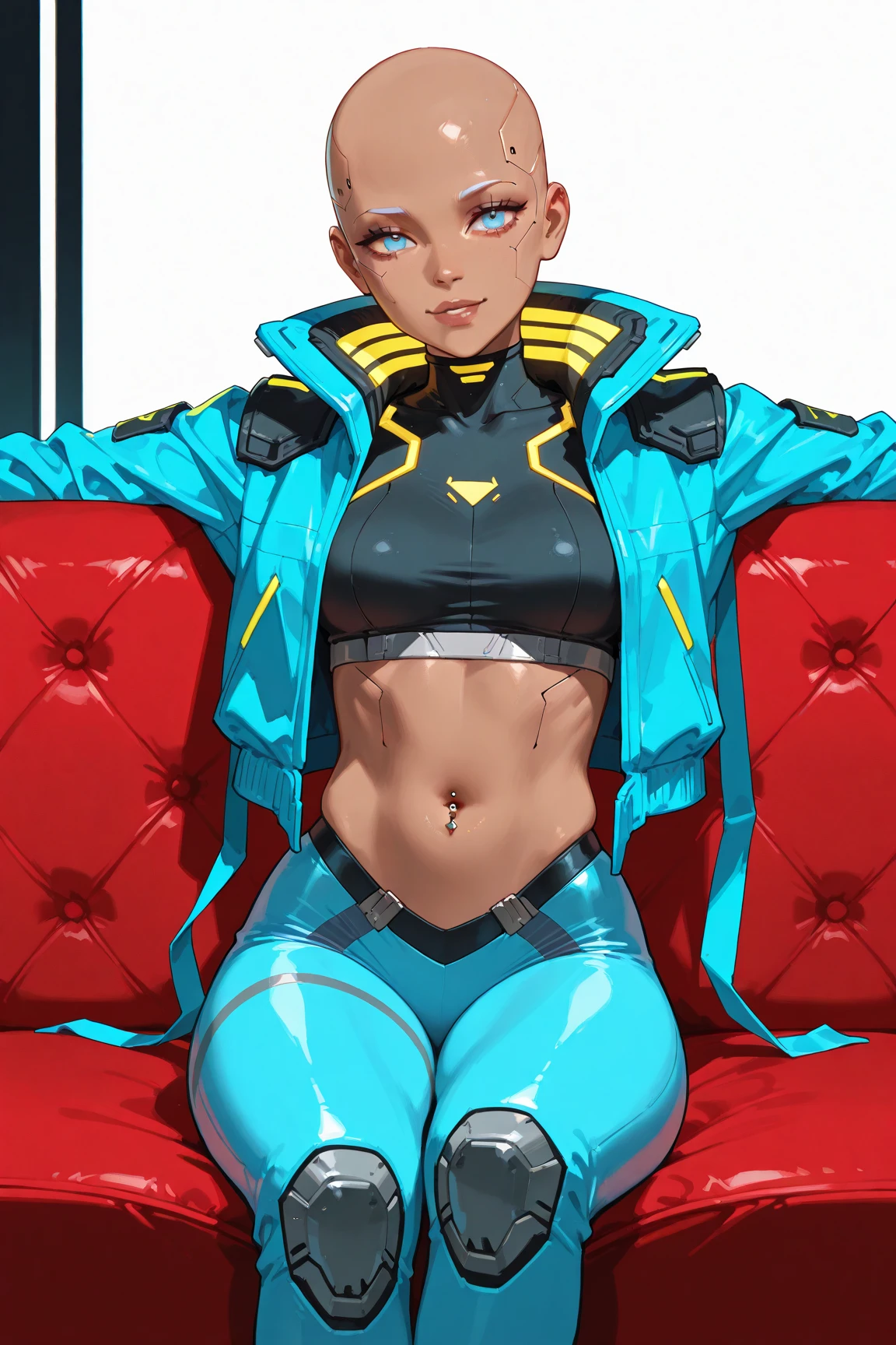 Muscular tan woman in skin tight clothes, white hair, tight yellow jacket, AB XCover, intricate pencil sketch, expressive eyes and nose and mouth, un-zoom, by Jim Lee right profile centered key visual intricate highly detailed breathtaking precise lineart vibrant panoramic cinematic, sitting, dynamic pose, white background