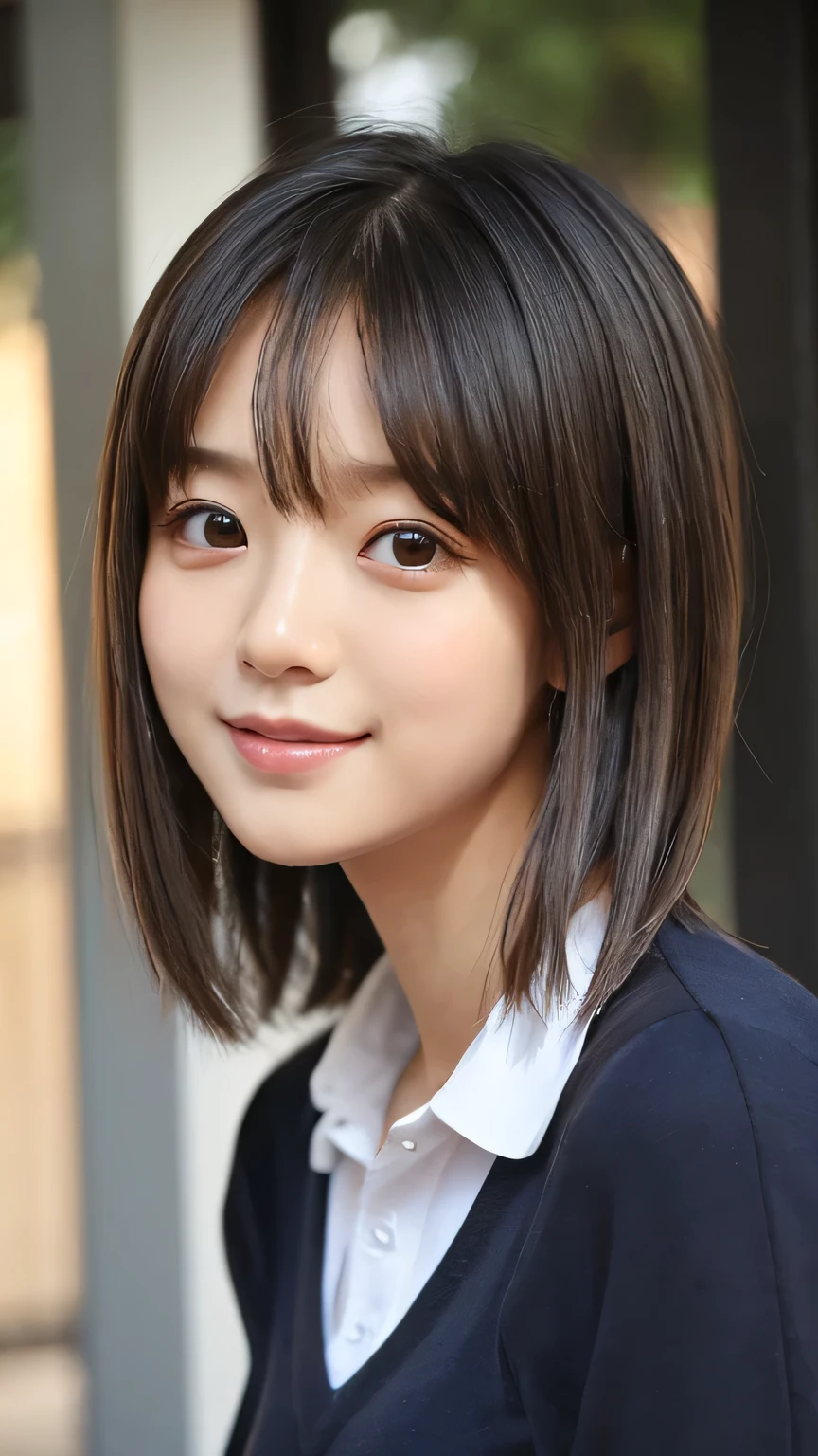 ((Highest quality))、((masterpiece))、((face to knee ))、((super high resolution))、(( 8K real portrait))、Korean idol style face、Japanese with natural makeup、Nogizaka46、smile、、clear、breathtakingly beautiful 18 year old girl。Mr.々 hairstyle、Photo credit:Canon, Lineup, Four Seas Girls, from the side, watch viewers, , school uniform, Chest,
