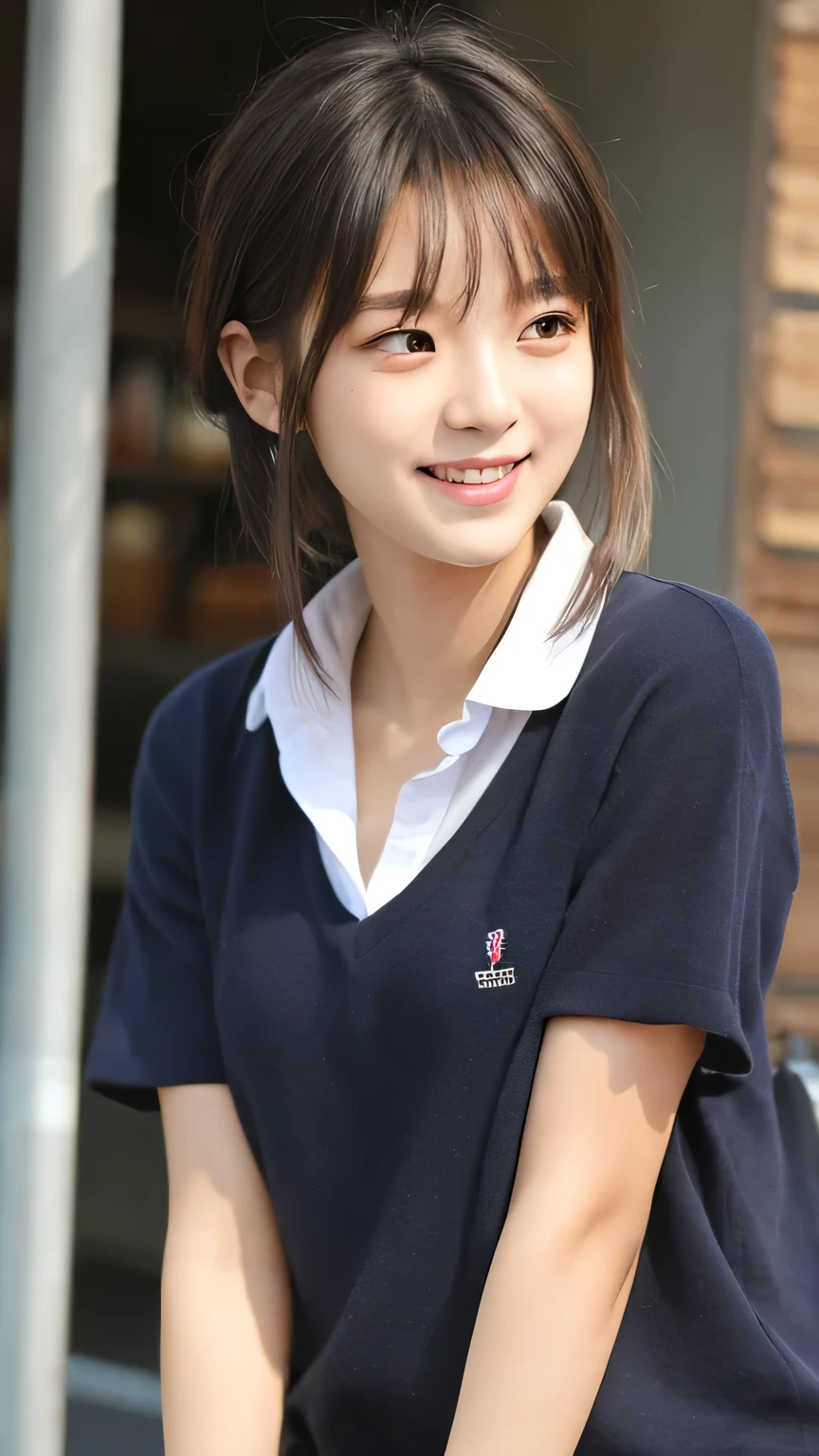 ((Highest quality))、((masterpiece))、((face to knee ))、((super high resolution))、(( 8K real portrait))、Korean idol style face、Japanese with natural makeup、Nogizaka46、smile、、clear、breathtakingly beautiful 18 year old girl。Mr.々 hairstyle、Photo credit：Canon, Lineup, Four Seas Girls, from the side, watch viewers, , school uniform, Chest,