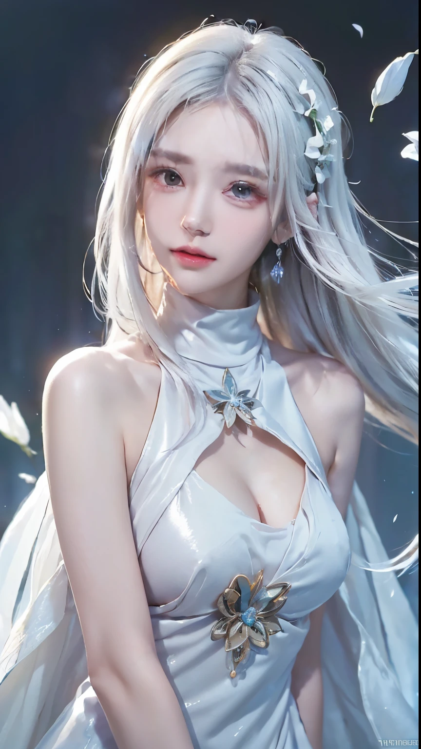 ((Bust up picture))((masterpiece:1.5、8k、Portraiture、Photorealistic and very detailed CG、Very detailed、Particle Effects、Dynamic Effects、Written boundary depth、Cinematic Light、Lens flare、Ray Tracing、Tabletop、Realistic:1.4、超A high resolution:1.2、Realistic、Realistic))((alone、,Woman in turtleneck dress:1.4、Model-like pose:、sideboob、Ample breasts、Detailed face、Bright expression、young, Brighter, Whiter skin、Best Looks、Ultimate beauty、White hair with shiny highlights:1.8、bright and shiny hair,、Super long, Silky straight hair、Hair swaying in the wind))(Fantastic transparent flower々Surrounded by、White Background、Great background、Thin petals fluttering down)