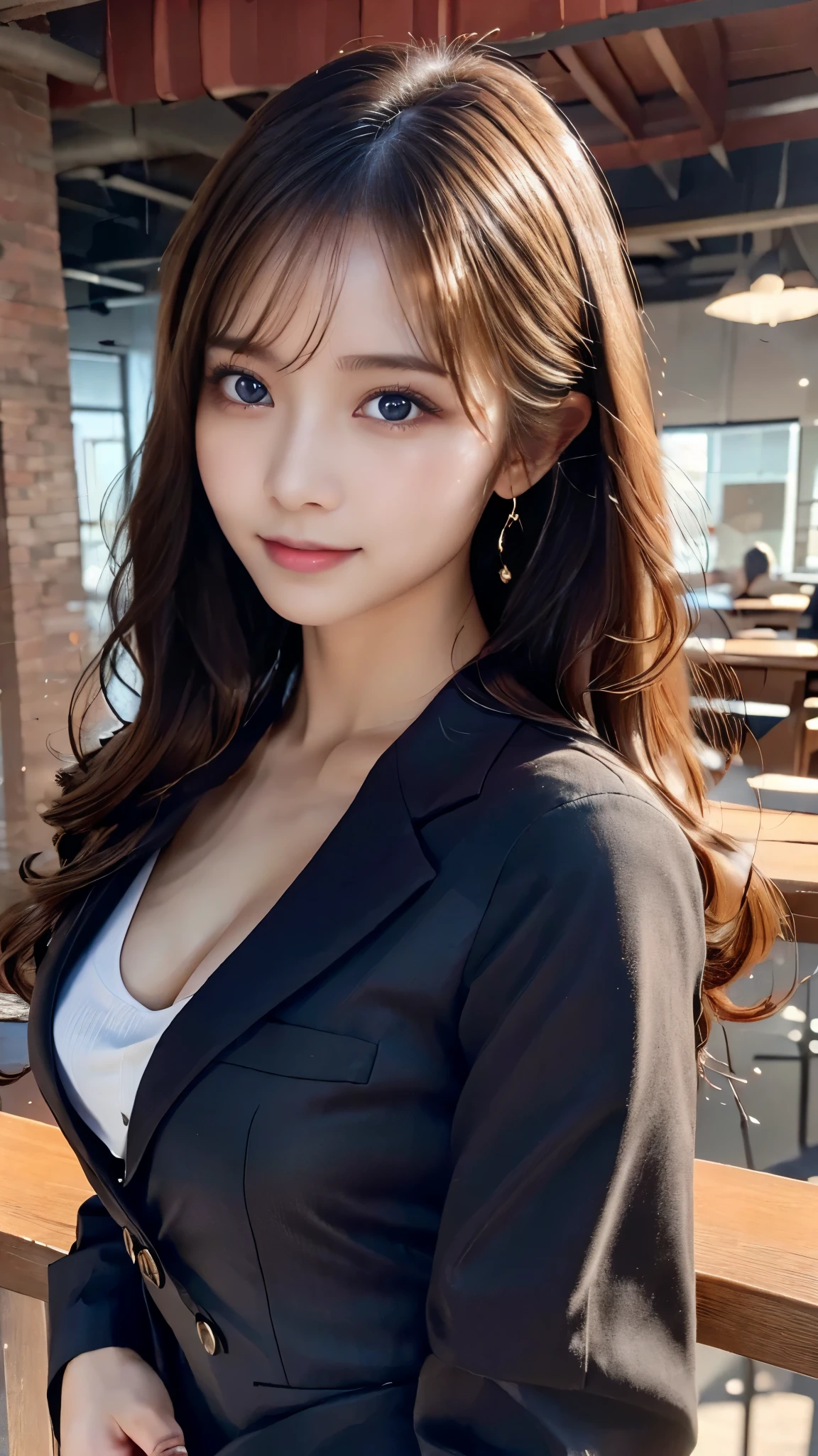 (office lady costume:1.5)、(Jacket:1.2)、(gray mini skirt:1.2), (white blouse:1.2), japanese model、(masterpiece:1.3), (8K, Photoreal, Raw photo, best image quality: 1.4)、 asymmetrical bangs, light brown hair、cleavage:1.2、super detail face、pay attention to details、double eyelid、chest to chest、sharp focus:1.2、perfect beauty:1.4、light brown hair、highest quality、masterpiece、ultra high resolution、(Photoreal:1.4)、very detailed and professional、illuminate your smile、girl、Nogizaka Idol、korean idol、fiery idol pose、19 years old、expensive, Glamour、black choker, Blue color contact lenses, long eyelashes, mascara, bangs