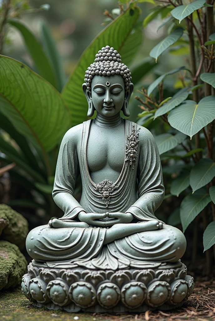 "Create a hyper-realistic digital painting of an ancient Buddha statue partially reclaimed by nature. The statue should be weathered and covered in moss, with small trees growing from cracks in the stone. Bioluminescent plants should glow softly around the base, creating an ethereal atmosphere. Include subtle technological elements, such as a small drone scanning the statue or holographic information displays floating nearby. The lighting should be a mix of soft moonlight and the glow from the bioluminescent plants, creating a mysterious and reverent ambiance. Pay careful attention to the texture of the stone, the intricate details of the Buddha's features, and the interplay of light and shadow. The overall image should capture the tension between ancient spirituality and modern technology, while maintaining a sense of timeless serenity."