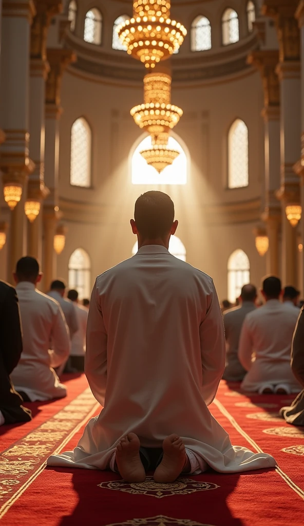 "A high-resolution, lifelike image of a young bald man with a masculine build, wearing a taqiyah, performing a prayer to Allah in the interior of a mosque in America with many people