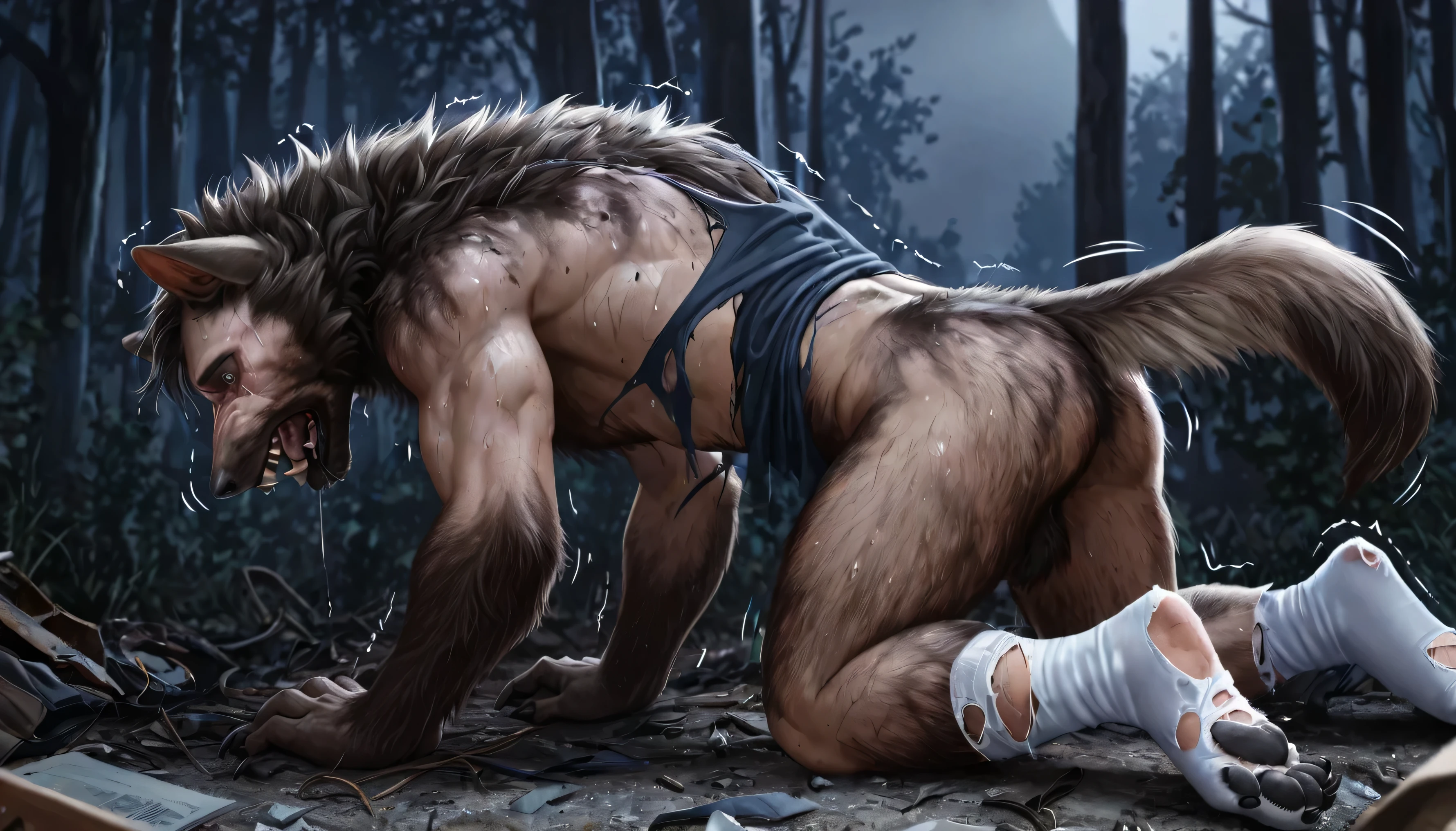 ultra-detailed, masterpiece, masterwork, high quality, best quality, hdr, japanese style, (night, bathing in hot spring), nsfw, male, solo, werewolf, (nude,), (white little body werewolf), (long hair), yellow eyes, dynamic angle, wet body, (big penis, foreskin, perfect balls)