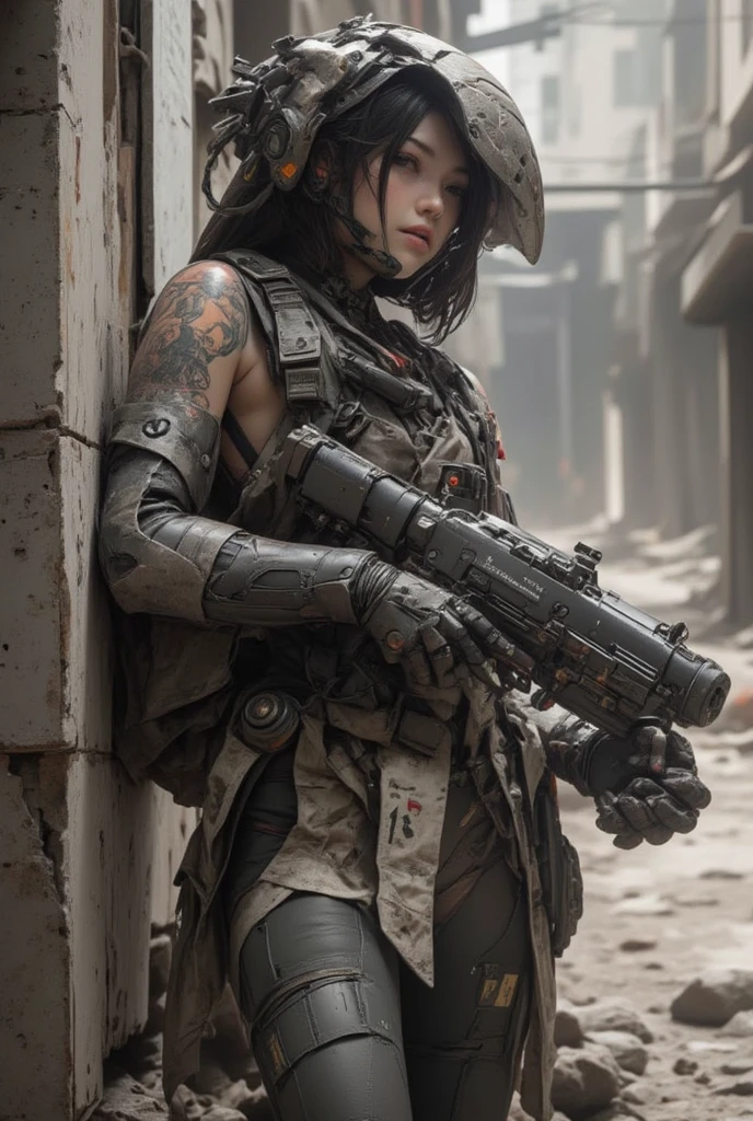 RAW photograph, portrait quality, Russian girl 18 years old , purple short Hair, dusty face, Clad in the shiny transparent medieval armor, Against the backdrop of a desolate post-apocalypse, futuristic laser rifle in hand, staff, wind blown hair, Destroyed buildings, Carcasses of burnt vehicles, Oppressive atmosphere, Dark skies, photo realism, sharp-focus, fallout, science fiction, cinematic scene,