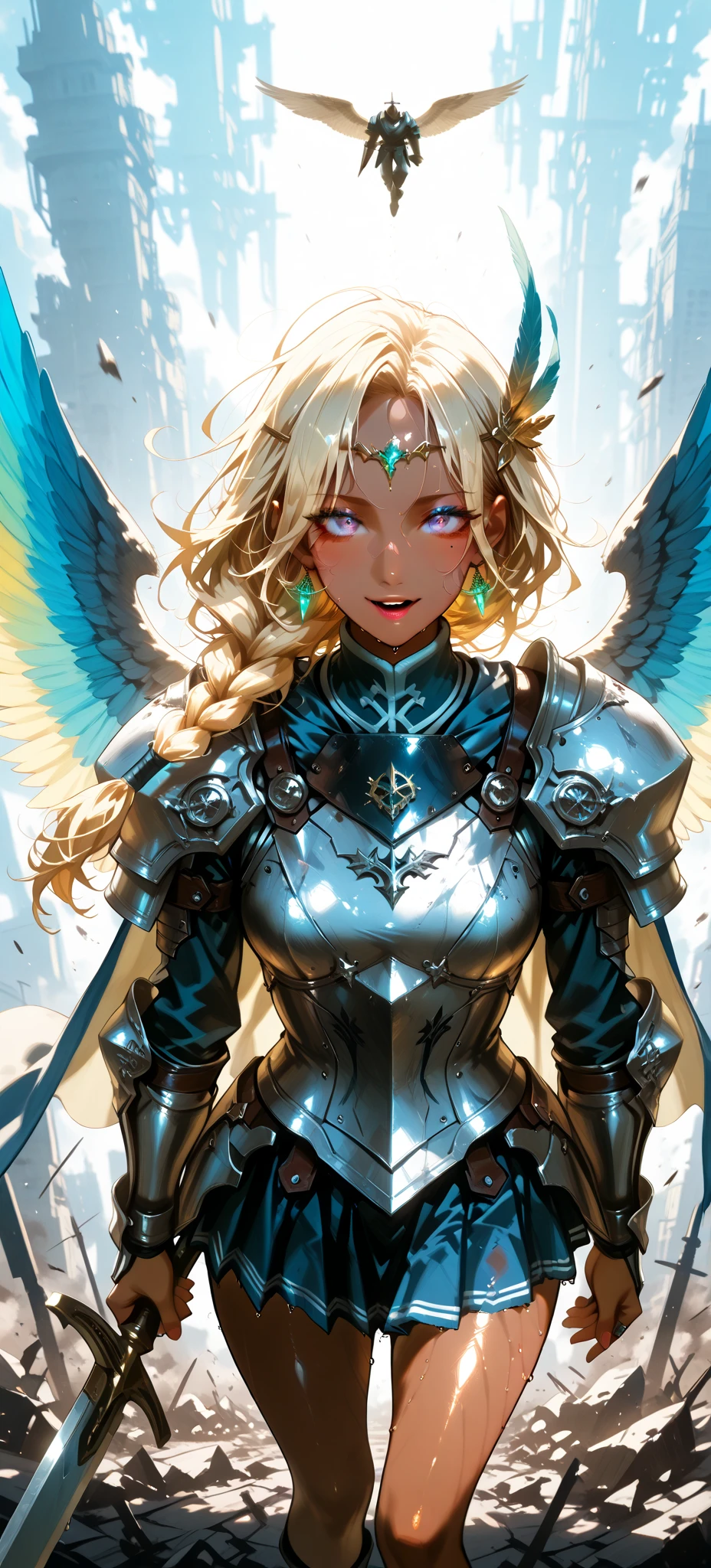 anime style, fantasy, 01DA , (8k), (ultra quality)、(Super Detail)、(beautiful)、(masterpiece)、(Highest quality), 1 girl, Alone,
break
騎士の少女が戦闘をしている(holding weapon, sword , claymore:1.4, flying, fly with wings),
break
白人, female knight, young, ((Petite)), (), 白い翼が生えている
break
(japanese style tattoo:0.7, whole body tattoo:0.7), mole, (Mole on the face), ((dark skin)), ((sweat:0.7), wet:0.7, shiny skin, gleaming skin),
break
(blonde hair, (braid), messy hair), disheveled hair,
break
face with noticeable wrinkles, high gradient eyes, detailed eyes, high-definition eyes, reflection, eyes focus, eyelashes, (eyeshadow_bluish purple),
break
Eyeliner, cheek, (lipstick_deep red), Nail_deep red,
break
eyes open, Smile, Blushing, sing, open mouth:0.5,
break
Circlet, cape, Feather ornament, cuirassir armor, , ring earrings、earrings,
break
夕焼け、battlefield, Shout, Swordplay, Bloodstain, cadaver, scratch, rubble