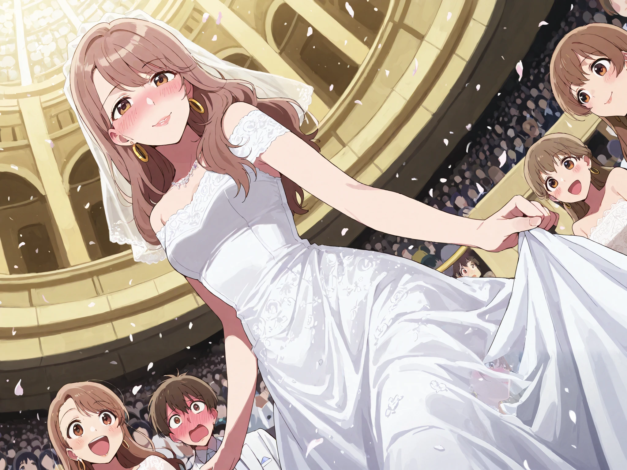Score_9, Score_8_up, Score_7_up, Source code_Japanese cartoon,
, Miyako/Saito, long hair, brown hair, brown eyes,
Jewelry, earrings, , White Lace Dress , hoop earrings,
outdoor, Smile,
watching the audience, Tilting angle , ,
miyako saitou, long hair, brown hair, brown eyes,
throw, blushing, lips, subjective perspective, high res, masterpiece, precise, best quality, details, modern, in wedding dress ,Wedding Ceremony Venue,