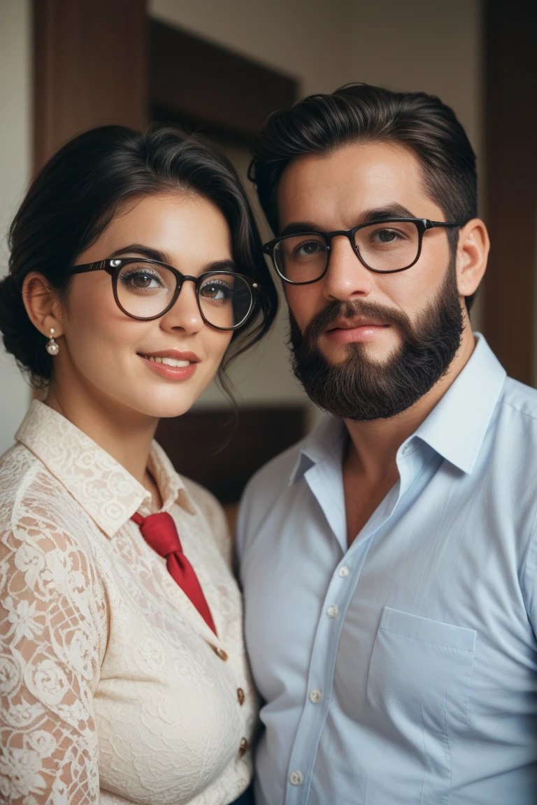 Generate a Spanish family with two 17-year-old twins, lenses one higher than the other, a father(beard square eyeglasses with rounded edges and well dressed) a mother (by the dark hair, about 50 years old)