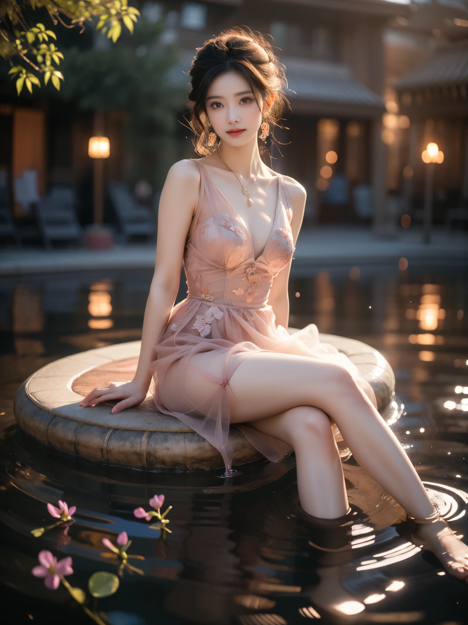 Sitting on a bridge full of river lanterns, feet playing in the water, the art depicts a charming woman dressed in a flowing, silky traditional oriental dress, pink, decorated with intricate patterns and bright colors. Her dress drapes elegantly over her curvy figure, accentuating her seductive silhouette. She sits gracefully by the tranquil lotus lake, her feet playing in the water, bathed in the soft glow of the moonlight. The scene exudes an ethereal and dreamy atmosphere, with a touch of mystery and sexiness. The graphic style blends watercolor and digital illustration techniques to evoke a refined beauty and charm. The lights are filled with soft moonlight, casting soft highlights and shadows on her charming features. Bare thighs, big breasts, three-dimensional facial features, sitting, upturned legs, side braids