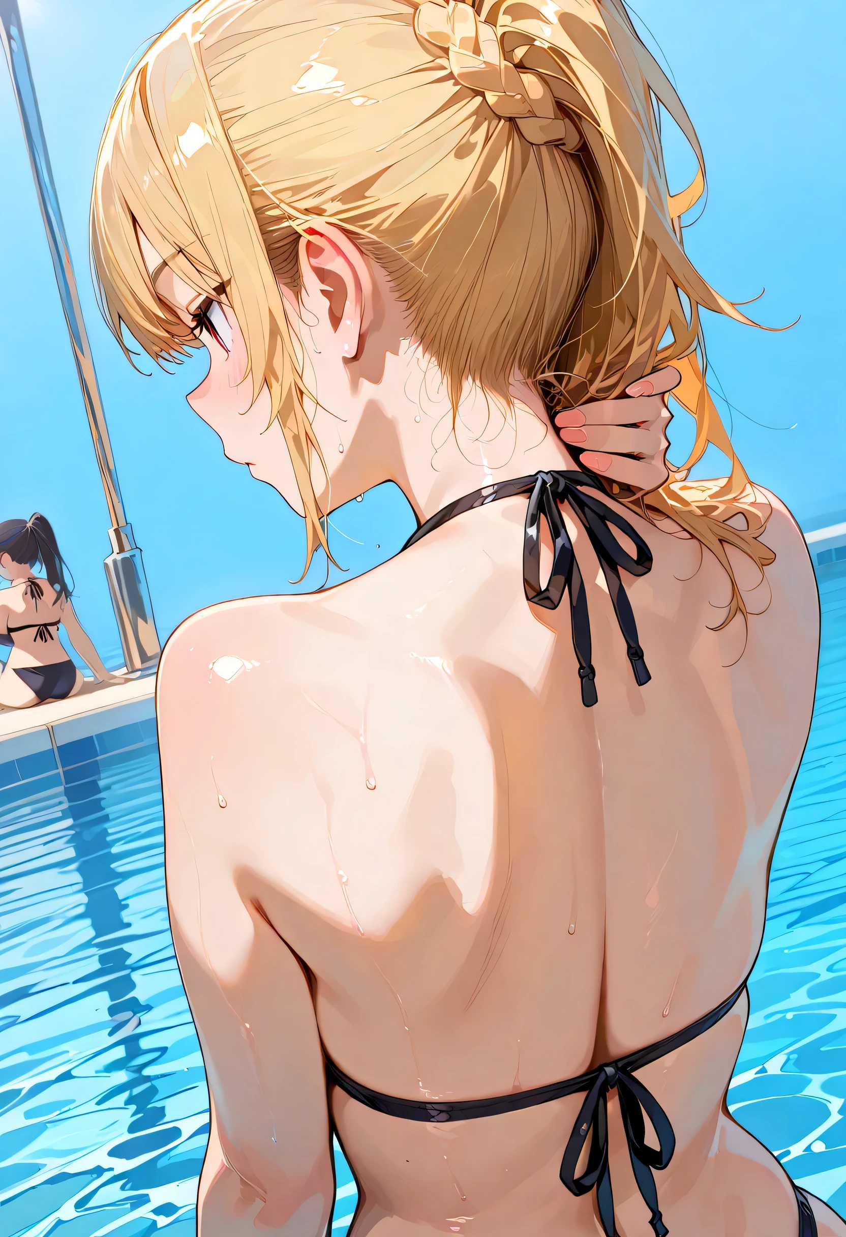 Blond with mixed black hair,shortcuts(Long nape、Long pile ),Single women , pose ,shiny skin,black bikini,