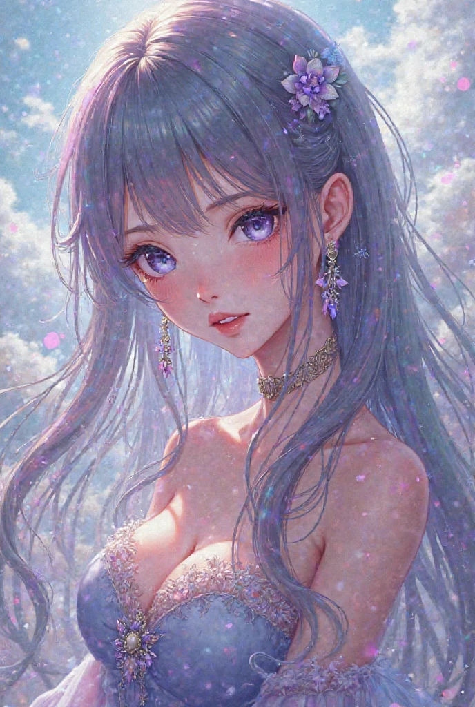 (Highest quality、Highest quality、Masterpiece、Very delicate、Very detailed、Exquisite、16K、Full HD)、1 female、(Silver dress、Flared mini skirt、gem、ribbon、White frills)、Small breasts、Perfect body line、Glowing Skin、(Groomed eyebrows、Pink Lips、Red eyeysterious Face)、(Blue Hair、Curly Hair、Shiny Hair)、Landscape、Dramatic lighting、(rainbow、meteor、)