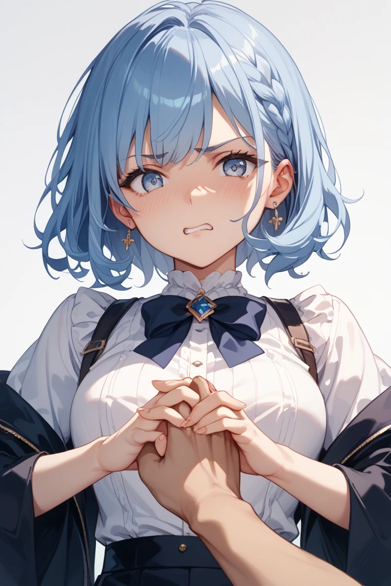 blue hair,blue eyes,short hair,jewelry hairband, short hair, bob cut chain, pet play, collar, full-face blush, embarrassed, lust:1.4