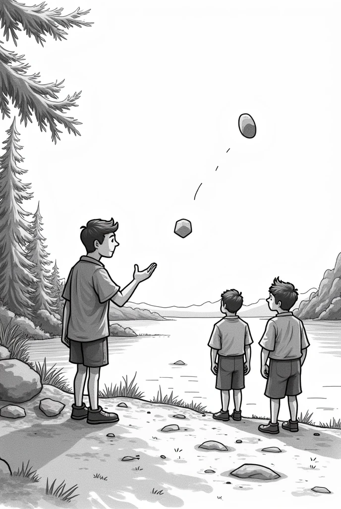 Draw a boy and me looking at a ball that stayed in the tree in pencil