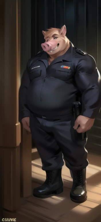 Half portrait, standing straight, an adult male bear, casual posing, gray furs, brown rosette pattern, mature adult, gruff looking, masculine features, sharp eyes, beard, bulky built, large belly poking out, medium muscles definition, wearing a working uniform, wearing denim jacket, working as a delivery driver , looking to viewer, facing forward, calm expression (soft smile), detailed eyes,