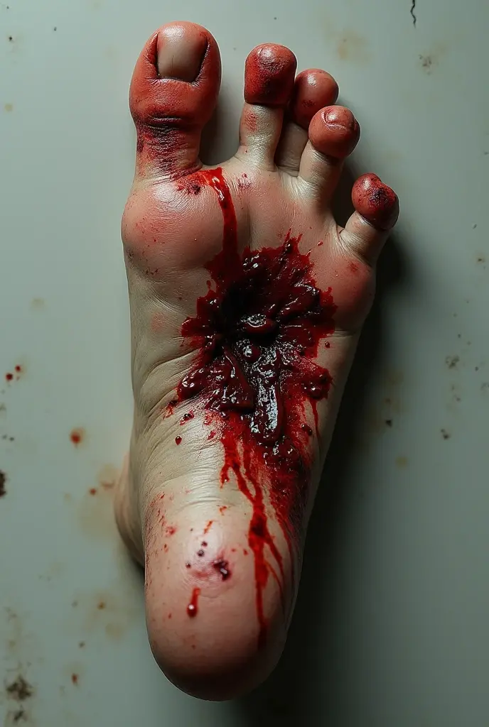 A realistic photo of the sole of the foot with cut and blood trampled on it 
