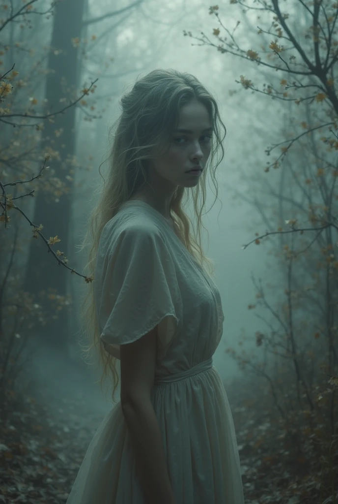 RAW photo, photorealistic, film grain, pale skin, evil slavic woman, long dark blond hair, eye catchlights, atmospheric lighting, imperfections, natural, epiCRealism, art by mooncryptowow .A mesmerizing mystic-style photo of a oneiromancer standing amidst the fading twilight, her attire shimmering like crystallized dreams. The enchanting figure holds a staff with a dream catcher dangling from it, weaving a spellbinding scene that captivates the viewer. Her flowing garments emit an ethereal aura, glistening with otherworldly magic. The background features soft earthy tones, with a hint of dusk's fading light. The graphic novel style showcases flat outlines and bold ink lines, creating a captivating and dreamlike atmosphere., boudoir erotic... stylish. photoshoot. hyper-detailed hypermaximalist dynamic style. Erotic photography. Boudoir. Glamour style.... great lighting