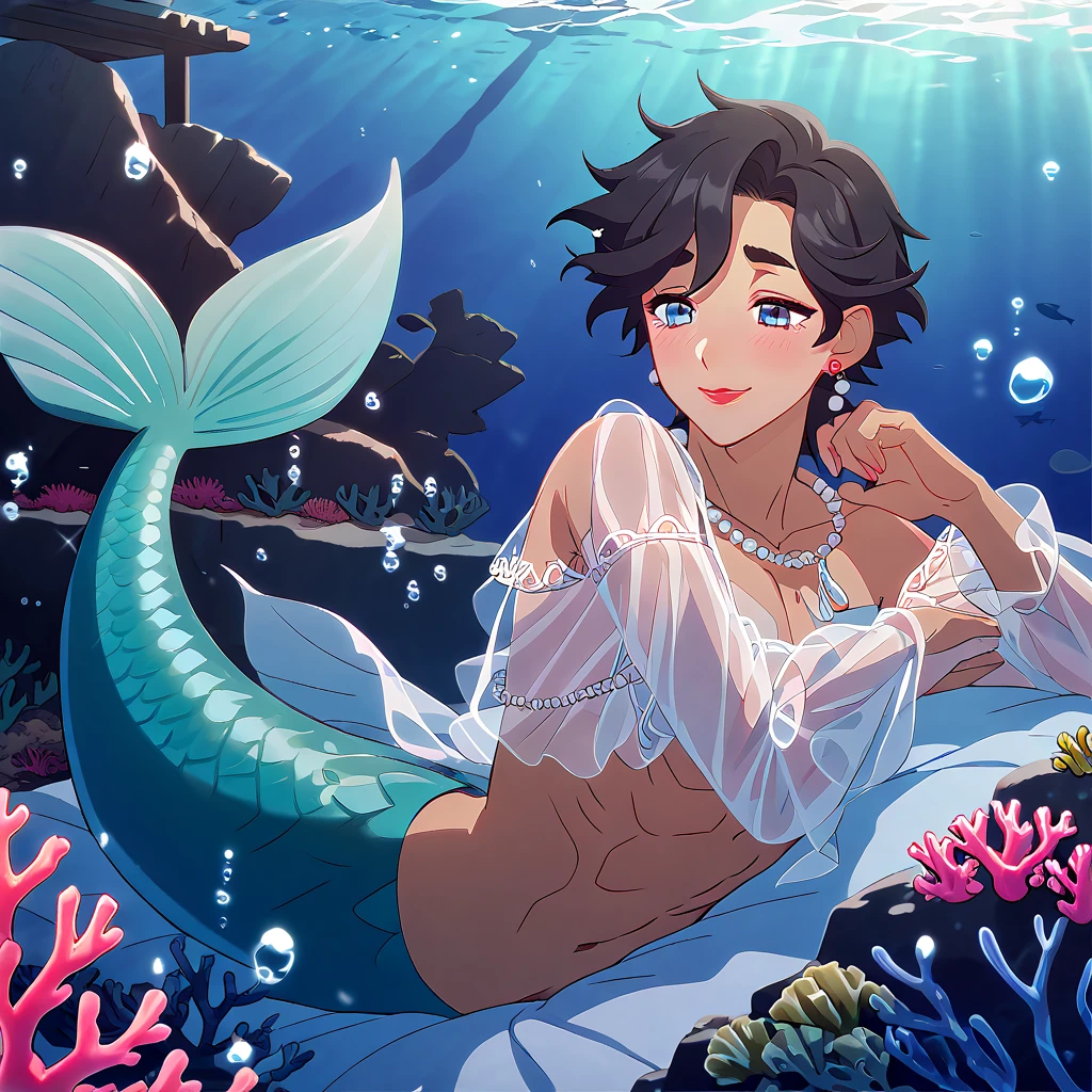 mermaid、Merman、delicate、、12 yet、exhaustion、wooden floor、tired face、open your mouth、narrow your eyes、blush、lie on your back