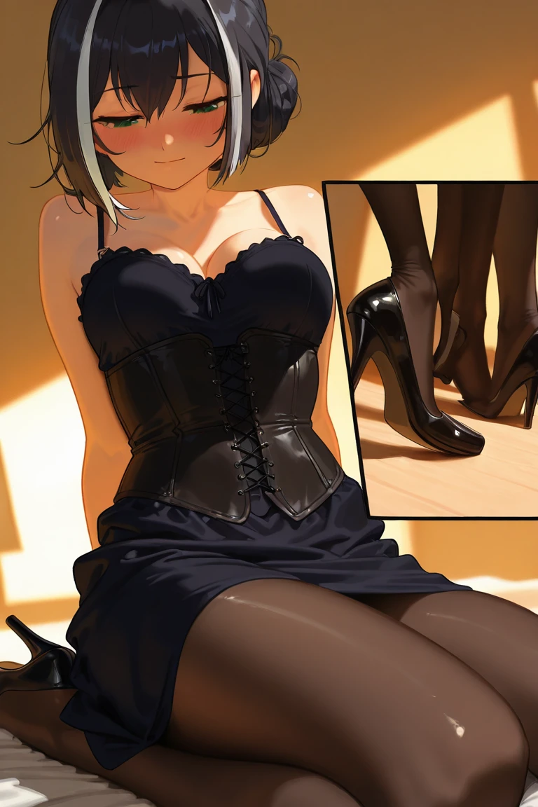 (Highest quality)), ((masterpiece)), (detailed), prison, One person,  ((chair)), ((female sitting in a chair)), bare shoulders, femdom, dominatrix, black bustier, black stockings, black g-string, black high heels, black garter belt, black elbow gloves, looking at viewer, ((evil grin)), ass pov, (((((from below))))), ((stare at viewer with stern eyes)), ((((looking down)))),
