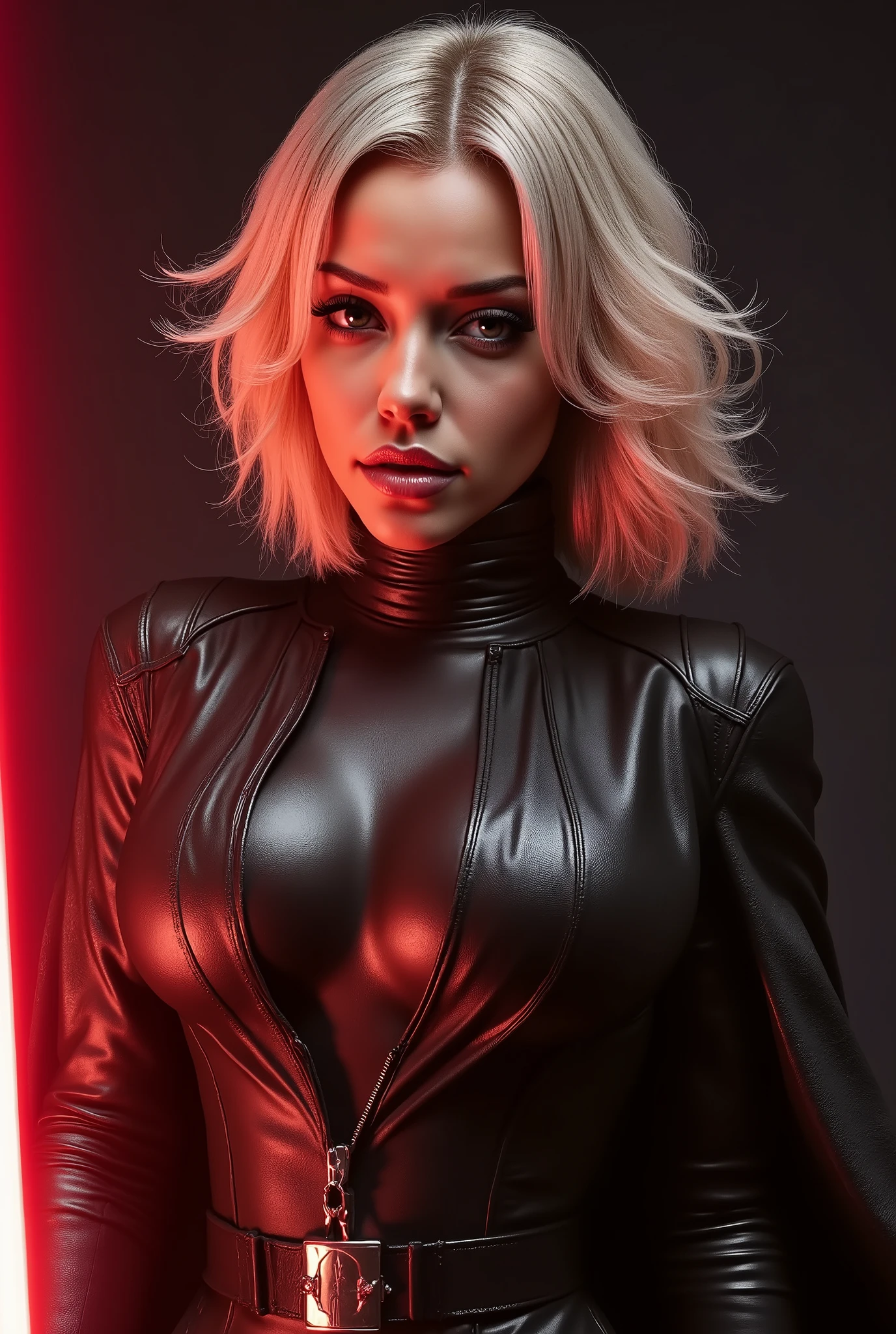 Gorgeous european woman with short hair, wet hair, hair slicked back, combed straight back, slick hair, streaked blonde hair, seductive pose, natalie portman, dressed as a sexy jedi, cleavage, solid dark grey background