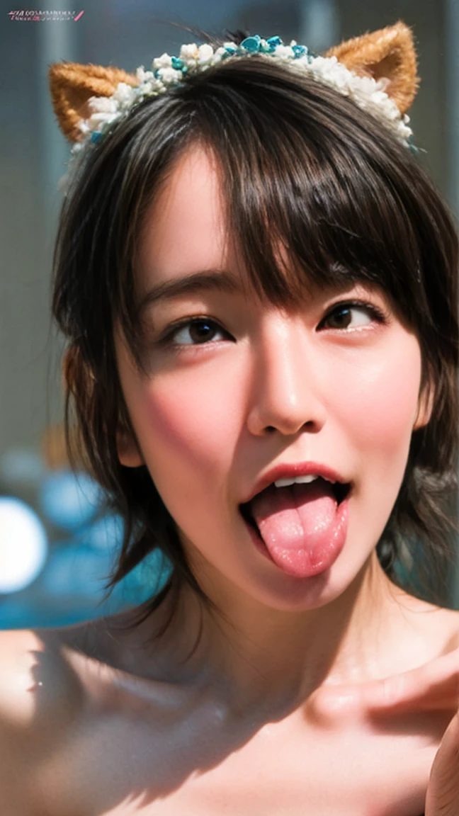 Japanese woman beautiful girl baby face top quality realistic skin eyes are in focus 20 years old stick out tongue focus on mouth open mouth long tongue saliva open mouth wide see inside of mouth open mouth and stick out tongue
