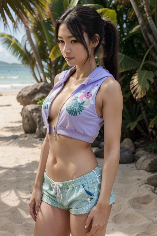 table top, (highest quality), 23 years old,Super detailed, finely, High resolution, (8K), ((Perfect rear view configuration)), natural color lip,(ponytail:1.3),(A girl sits with her legs spread apart on a rock),(barefoot on the sand:1.3),((Rainbow color bikini)),((Ultra-thin shorts))(full body:1.3),((buckshot:1.2)),((Rear view:1.2)),(Enjoying the sunset),((Pose with your arms raised above your head)),(Please look back and smile),((big breasts)),((big ass)),