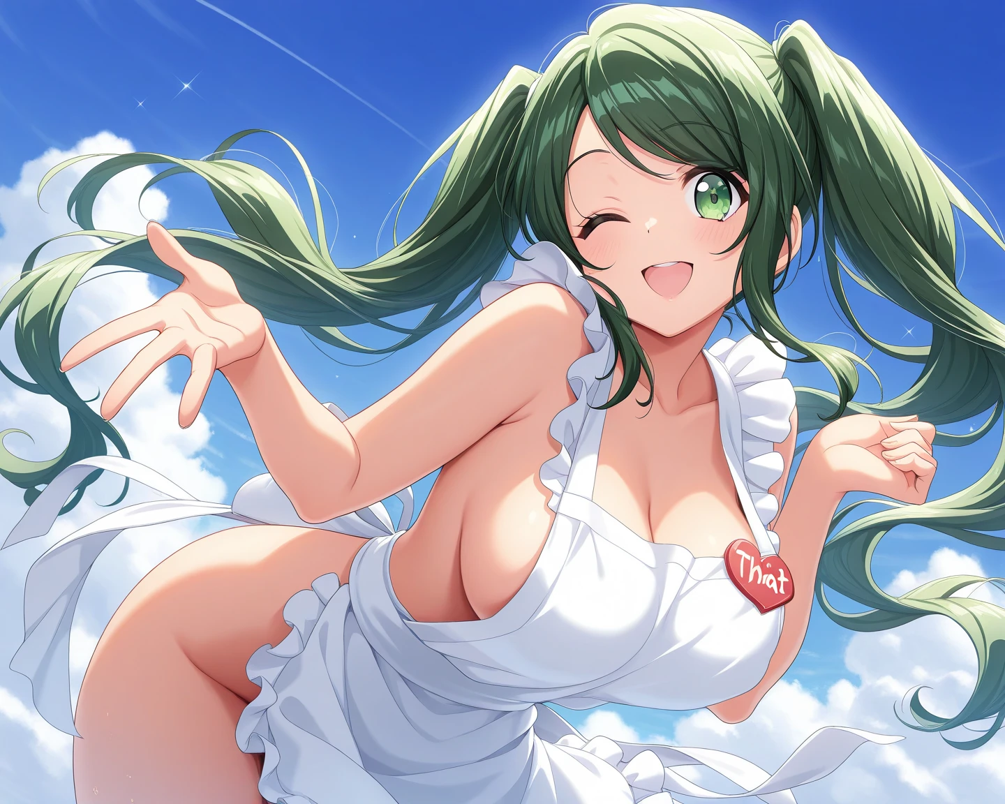 Green , big breastes , Sexy anime woman, looks at us with a smile , lying on the bed with legs spread , overhead view, in green bra and panties , beste-Qualit