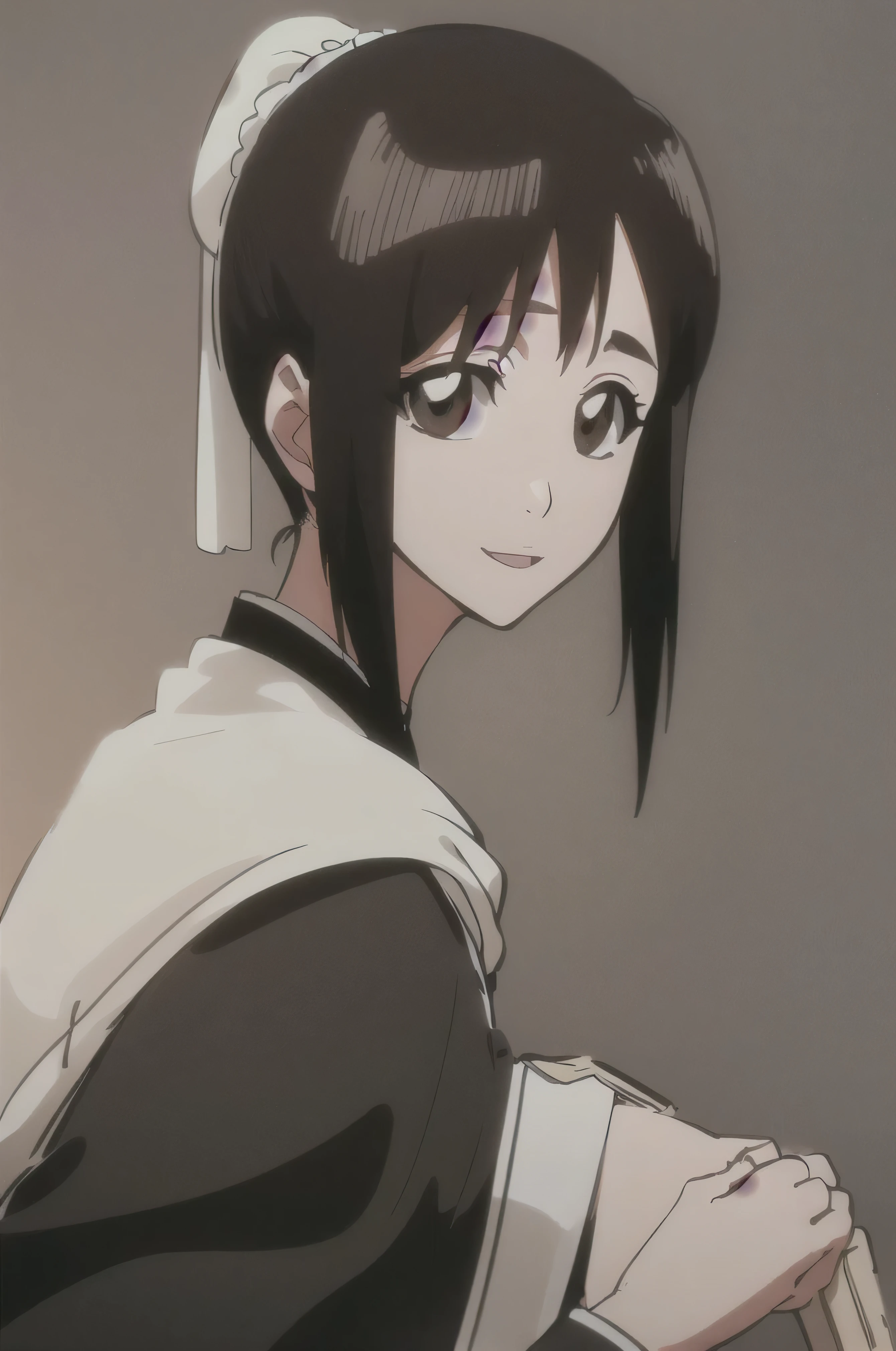 masterpiece, top quality ,
1 girl from the side , romantic love , black hair,long hair、 single , ponytail, Vancouver, brown eyes,
Hair bangs,
kimono, white sleeveless coat ,Captain's coat without white sleeves, 黒の kimono ,
smile, alone, I'm looking for , simple background , white background