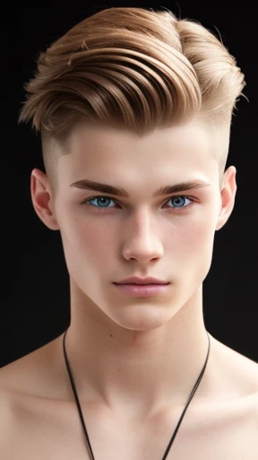 young white man , 18 years, low taper fade haircut, black fur, fixed blue eyes,affiliate features, without facial veil, height 1.93, weight 100 kilos, aesthetic muscular constitution, wide shoulders, V-shaped body, Full body approach, completely without hair, half arm tattoos
