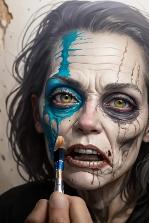 A tear, sparkling like a diamond, rolls down the cheek of a zombie artist, tracing the unfinished lines of a portrait on a crumbling wall. Their paintbrush, still clutched in their bony hand, speaks of a creativity that refuses to die.