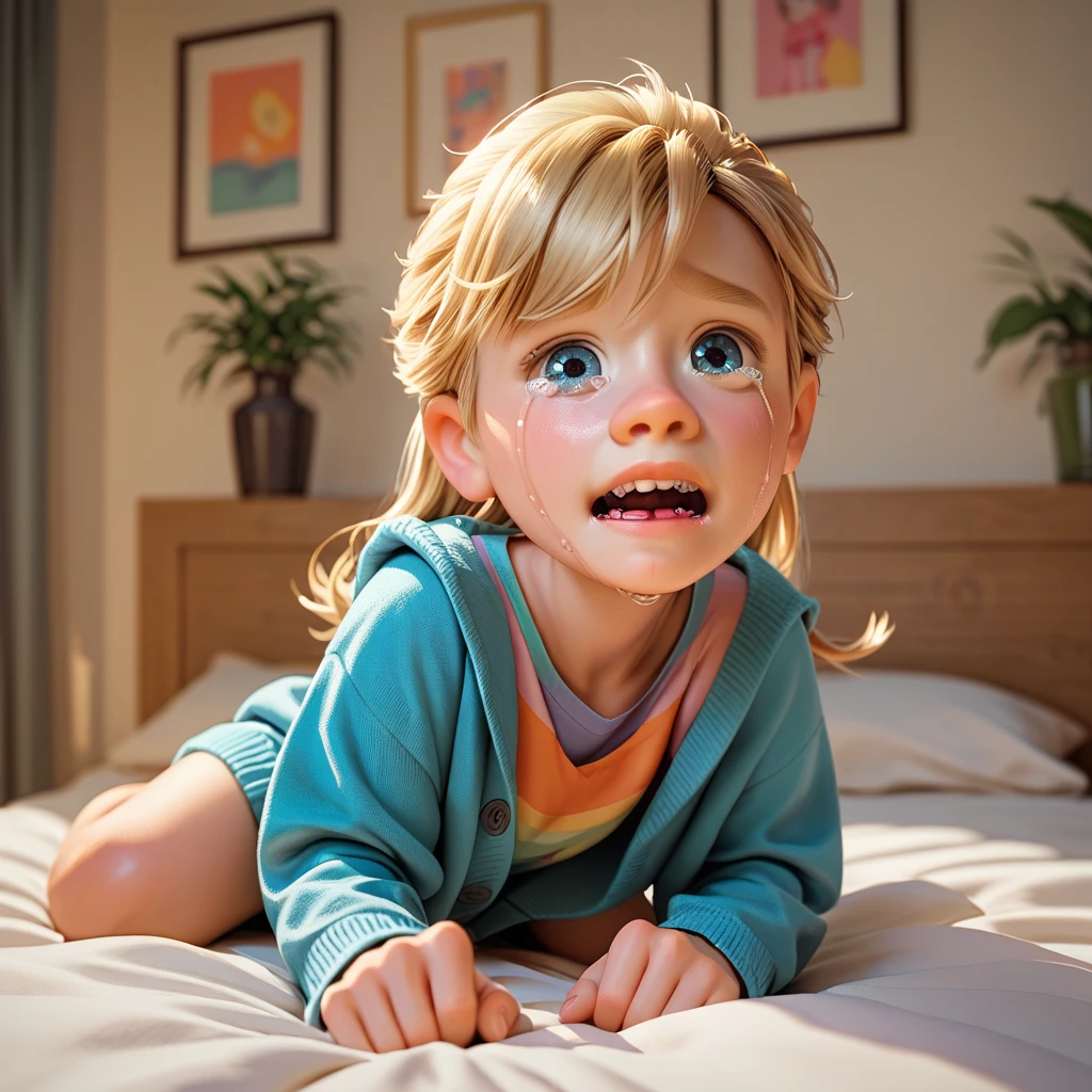 This image features a depiction of Riley Andersen, the young protagonist from the animated movie "Inside Out." The toddler version of Riley here captures her youthful innocence and playful spirit, characterized by her large blue eyes and blonde hair styled in whimsical pigtails. Dressed in a soft blue onesie adorned with stars, Riley exudes curiosity and joy, reflecting her character's bright and lively personality from the film. The vibrant blue background highlights her cheerful disposition and imaginative nature. vibrant contrast to his attire and accessories.аffects render, (glossy plastic texture with multiple big light probe refractions), perfect cgi, smooth silhouette, high intensity refraction, (super glossy plastic material), most beautiful vfx, , realistic, 4k, high resolution, rim light, smooth 3d model, multiple light sources, rim light, sharp post effects render,, realistic, 4k, high resolution, rim light detailed digital art, reflective, best quality, 4k, masterpiece:1.2, ultra-detailed, realistic, vivid colors, The image of the highest quality, ensuring every detail showcased perfectly. It in 4k resolution, allowing viewers to immerse themselves in the richness of the colors and intricate details. The realistic rendering. under the spotlight, reflecting, high-resolution image, realistic rendering